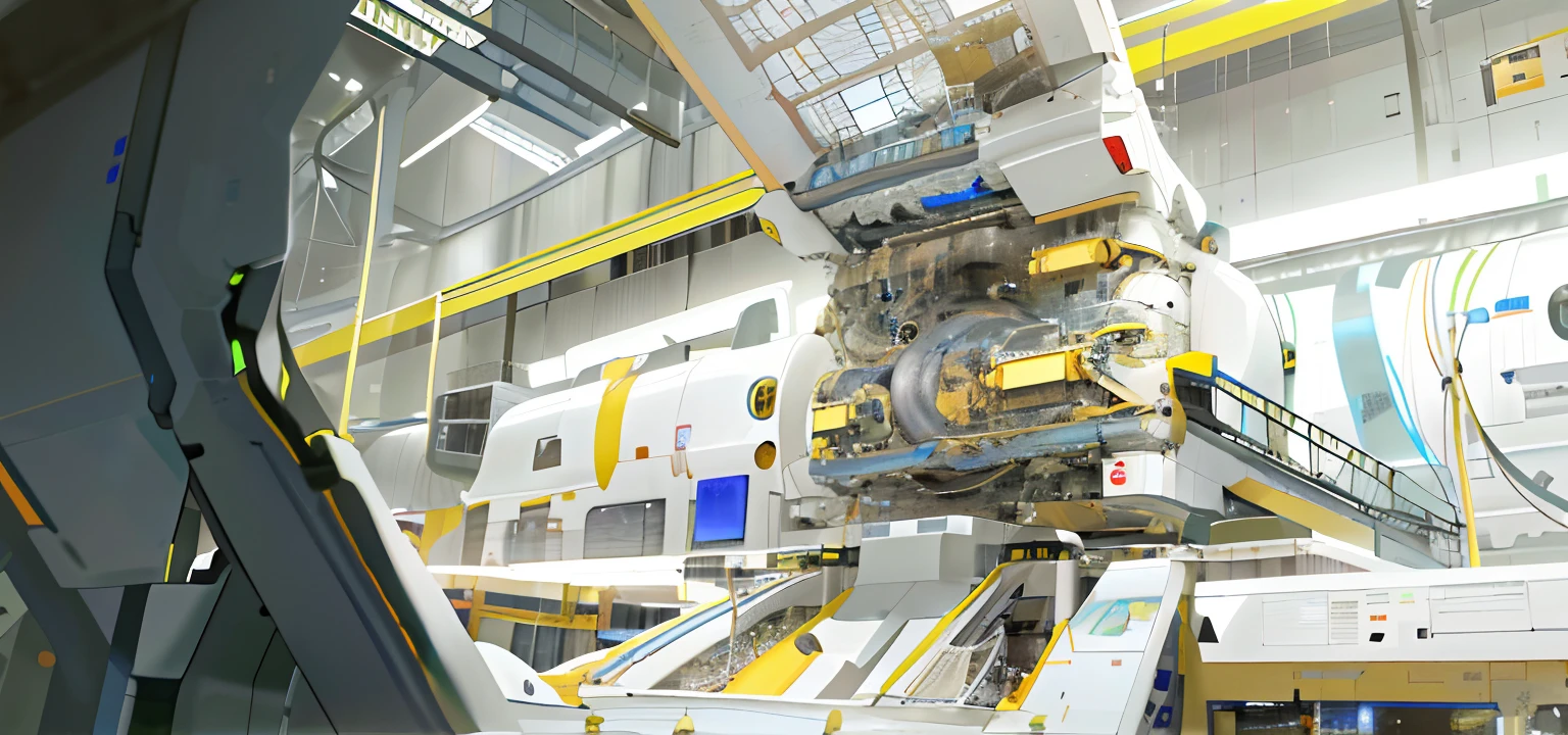 The slices appear large, Particle Physics, Complex machinery, inside a science facility, supernova inside facility, A massive, Intricate machinery,(((8K, RAW photo, Best quality, Masterpiece:1.4))), 超高分辨率, Ultra-detailed, illustration, Close-up, Astono, Environment only, Lab Room,,There was an airplane sitting in a building with yellow and black signs, supernova inside facility, fusion reactor, hadron antimatter vacuum reactor, fused aircraft parts, intricate machine in space, inside a science facility, cryogenic pods, room of a spacecraft, inside a space station, inside an epic, the photo shows a large, reactor core, spaceship being repaired