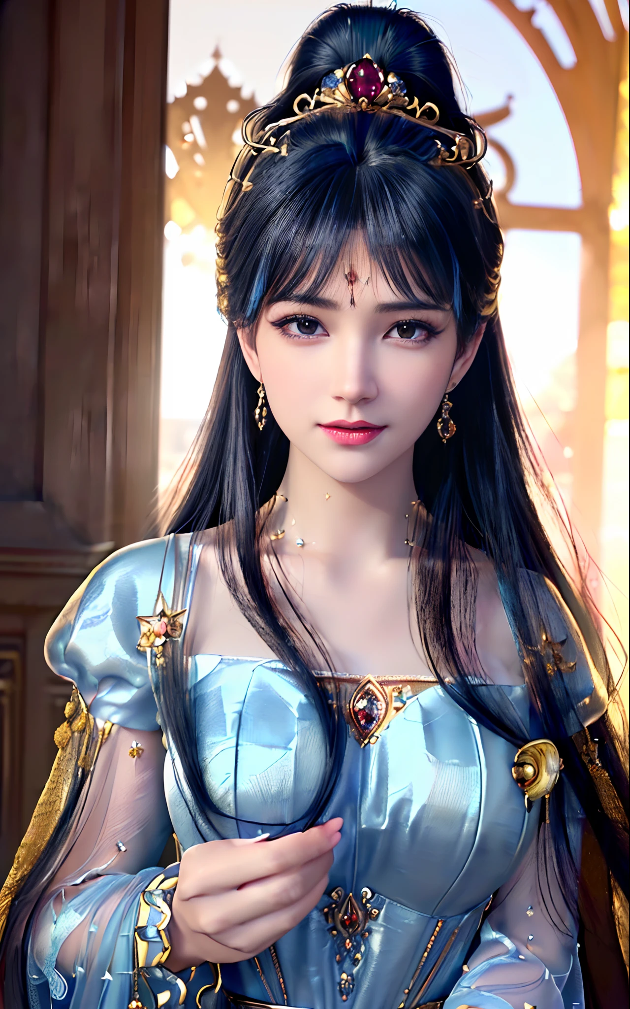 ((realisticity: 1.2)), ((best resolution: 8K UHD)), best quality,masterpiece,highres,cg,
((1 super detailed and super realistic girl)), ((very beautiful queen dazzling, super realistic, and super detailed)),((white skin, beautiful, smooth, youthful, super realistic and super detailed
)), long hair, ((super realistic and super detailed dress)), solo, ((super realistic, super beautiful, gorgeous and super detailed jewelry)), ((super beautiful, super realistic and super detailed dark red and golden yellow dress)),
((super beautiful, super realistic, super detailed diamond filled earrings)),
  ((super beautiful, super realistic and super detailed diamond filled hair ornament)), ((super beautiful upper body, super beautiful, super realistic and super detailed)), ((big breasts: 2.5)), 
((super grand, super realistic and super detailed royal palace backgroun))
((super beautiful, super beautiful, super realistic and super detailed hair bun)), ((super beautiful, super realistic and super detailed blue hair)),
candid, Photograph, high resolution, 8k,Bokeh,