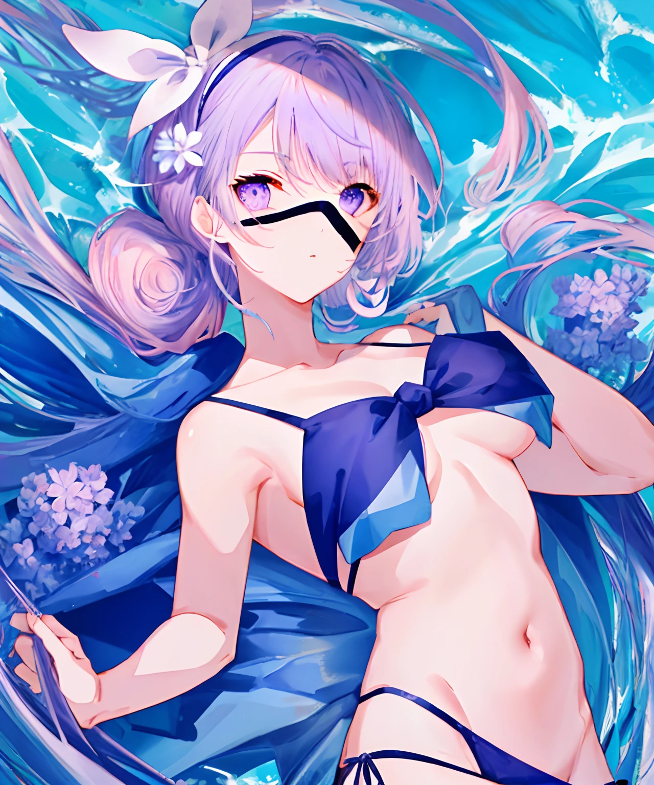 1 white-haired girl wearing purple eyepatch, blue curls tied back, pink flowers in her hair wearing a swimsuit, sea