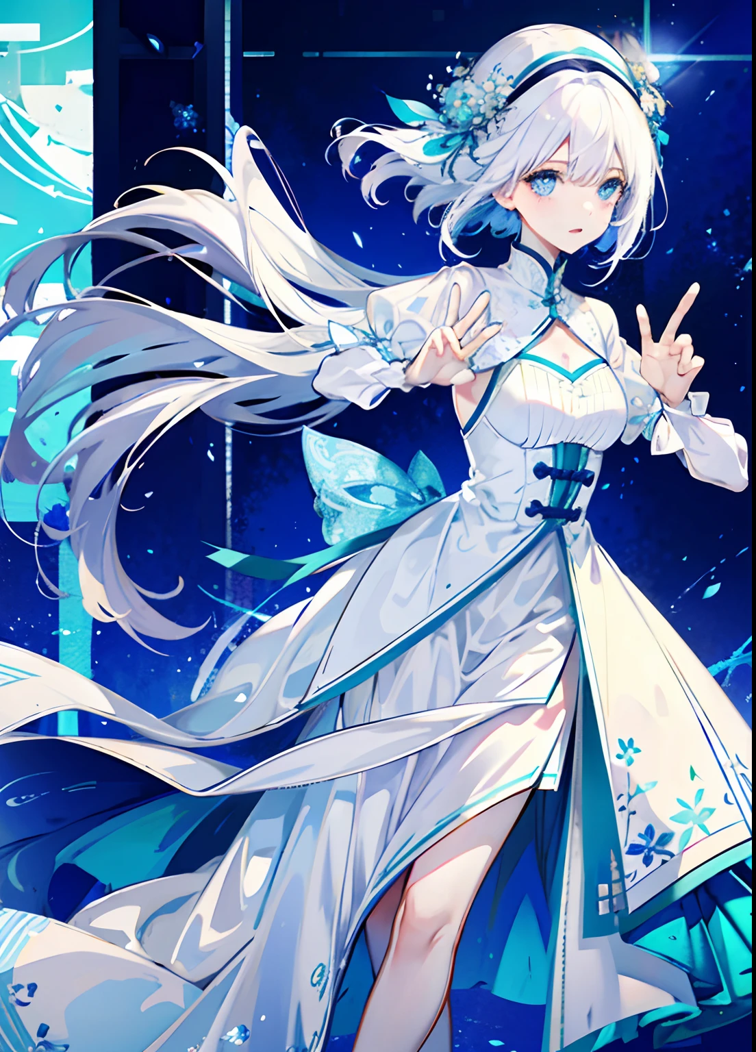 2. Light white pear blossom curly hair、Light white skin、Aqua blue eyes、blanche、blue attire、Goddess Temperament 6. Model works、Elegant gesture、Professional charm、Catwalk walk、Photography collaboration