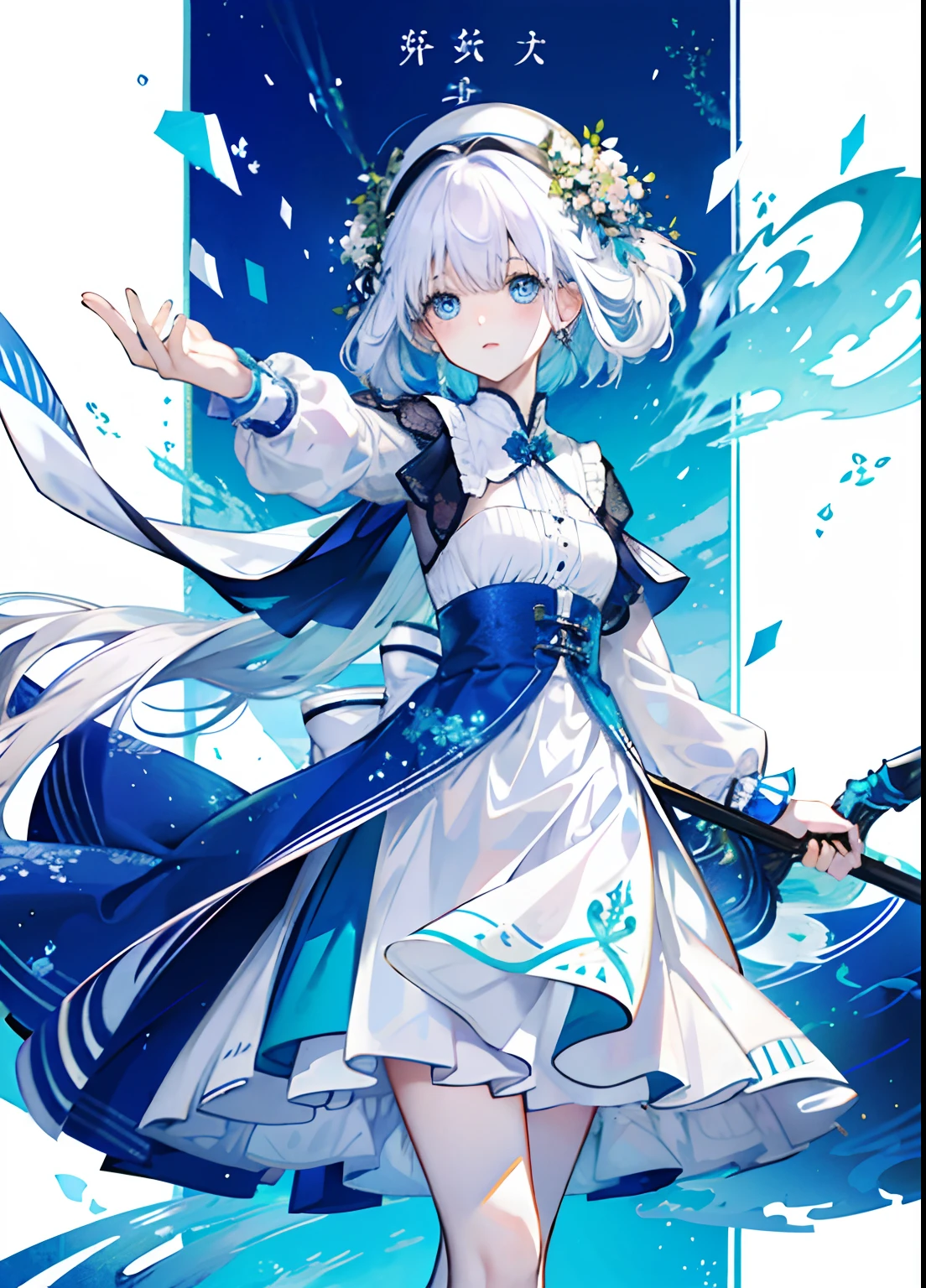 2. Light white pear blossom curly hair、Light white skin、Aqua blue eyes、blanche、blue attire、Goddess Temperament 6. Model works、Elegant gesture、Professional charm、Catwalk walk、Photography collaboration