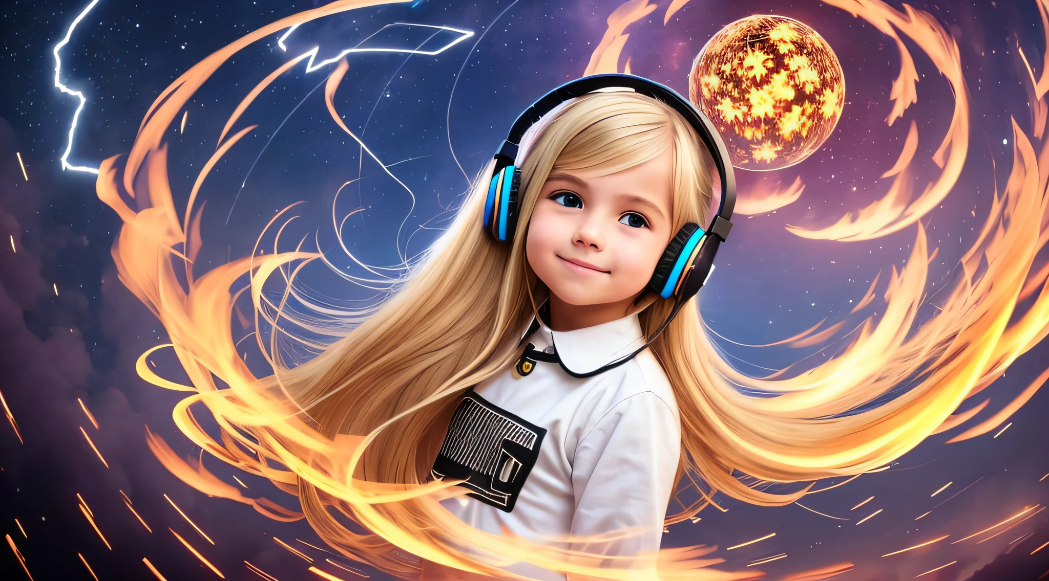 CHILD BLONDE LONG HAIR WEARING A HEADSET , fire, raio, lightnings, segurando uma disco ball