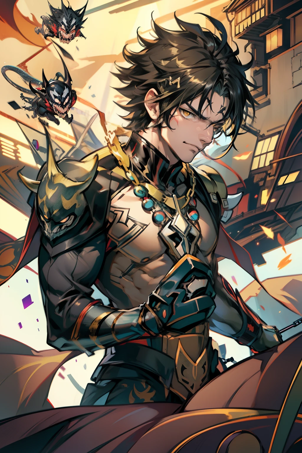 《the original god》Arataki Kazuto , male people，，((Masterpiece)), ((Best quality)), Ultra detailed,((illustration)), Dynamic Angle, Detailed light, (Delicate eyes), Floating, 1boy, Male focus, Head, Clothing, Yellow eyes, necklace, tattoo, (Forehead:0.8), (ahoge:0.8), jewelry, apathy，Ray， chest muscle， Sexy , Venom symbiote for your body, Black mucus of the body , （into venom）, Venom，frontage，style of anime4 K， 4K anime wallpaper， Badass anime 8 K， 4 k comic wallpaper， young anime man， Anime boys， Anime wallpapers 4 k， Anime wallpaper 4K， High quality anime art style， Anime moe art style， Anime art wallpaper 8 K， Anime art wallpaper 4 K， RGB lighting