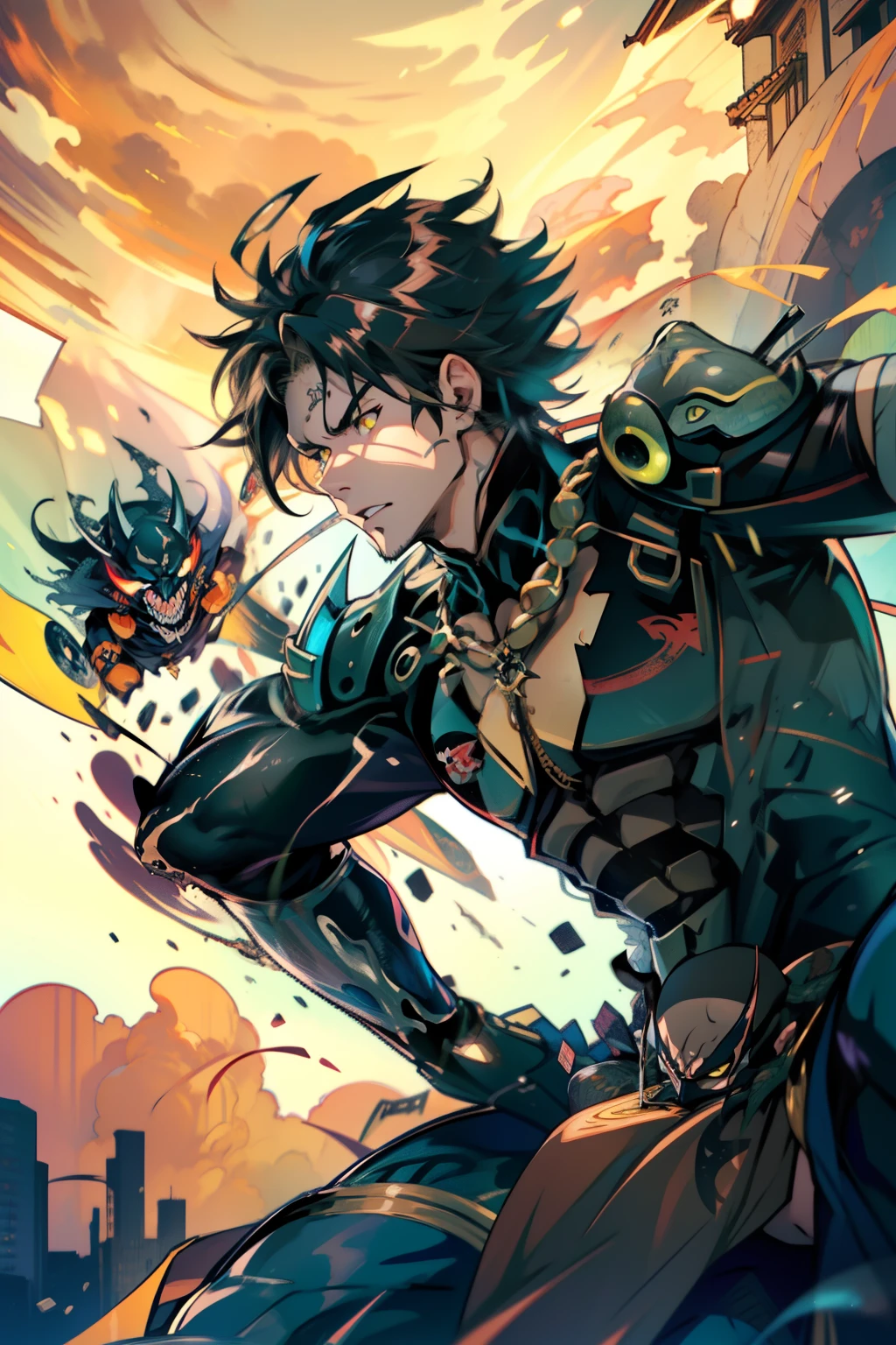 《the original god》Arataki Kazuto , male people，，((Masterpiece)), ((Best quality)), Ultra detailed,((illustration)), Dynamic Angle, Detailed light, (Delicate eyes), Floating, 1boy, Male focus, Head, Clothing, Yellow eyes, necklace, tattoo, (Forehead:0.8), (ahoge:0.8), jewelry, apathy，Ray， chest muscle， Sexy , Venom symbiote for your body, Black mucus of the body , （into venom）, Venom，frontage，style of anime4 K， 4K anime wallpaper， Badass anime 8 K， 4 k comic wallpaper， young anime man， Anime boys， Anime wallpapers 4 k， Anime wallpaper 4K， High quality anime art style， Anime moe art style， Anime art wallpaper 8 K， Anime art wallpaper 4 K， RGB lighting