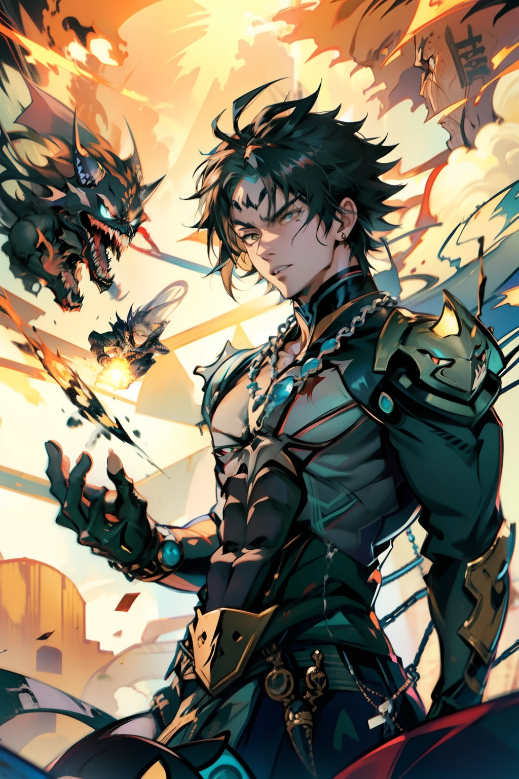 《the original god》Arataki Kazuto , male people,,((Masterpiece)), ((Best quality)), Ultra detailed,((illustration)), Dynamic Angle, Detailed light, (Delicate eyes), Floating, 1boy, Male focus, Head, Clothing, Yellow eyes, necklace, tattoo, (Forehead:0.8), (ahoge:0.8), jewelry, apathy,Ray, chest muscle, Sexy , Venom symbiote for your body, Black mucus of the body , (into venom), Venom,frontage,style of anime4 K, 4K anime wallpaper, Badass anime 8 K, 4 k comic wallpaper, young anime man, Anime boys, Anime wallpapers 4 k, Anime wallpaper 4K, High quality anime art style, Anime moe art style, Anime art wallpaper 8 K, Anime art wallpaper 4 K, RGB lighting