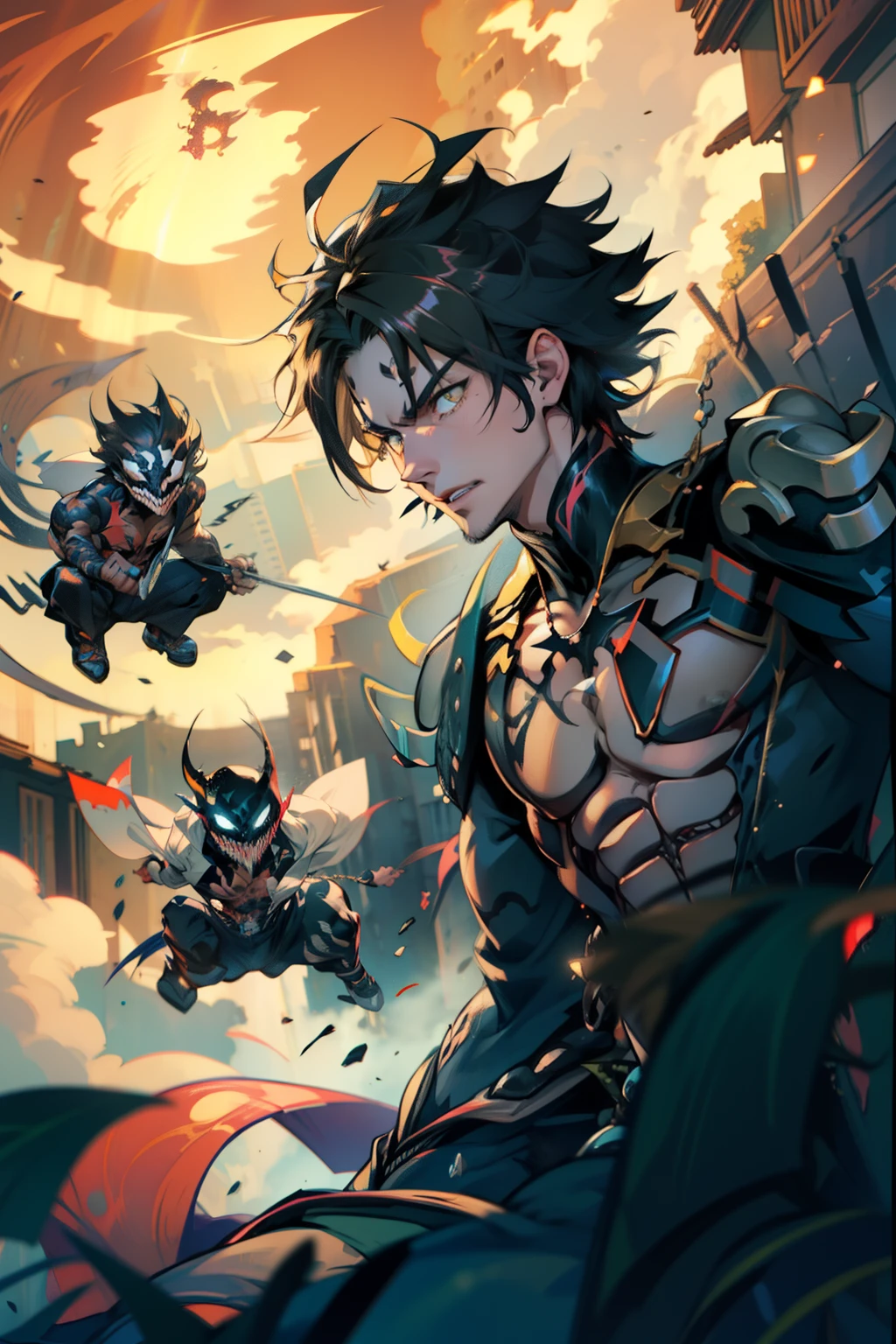 《the original god》Arataki Kazuto , male people,,((Masterpiece)), ((Best quality)), Ultra detailed,((illustration)), Dynamic Angle, Detailed light, (Delicate eyes), Floating, 1boy, Male focus, Head, Clothing, Yellow eyes, necklace, tattoo, (Forehead:0.8), (ahoge:0.8), jewelry, apathy,Ray, chest muscle, Sexy , Venom symbiote for your body, Black mucus of the body , (into venom), Venom,frontage,style of anime4 K, 4K anime wallpaper, Badass anime 8 K, 4 k comic wallpaper, young anime man, Anime boys, Anime wallpapers 4 k, Anime wallpaper 4K, High quality anime art style, Anime moe art style, Anime art wallpaper 8 K, Anime art wallpaper 4 K, RGB lighting