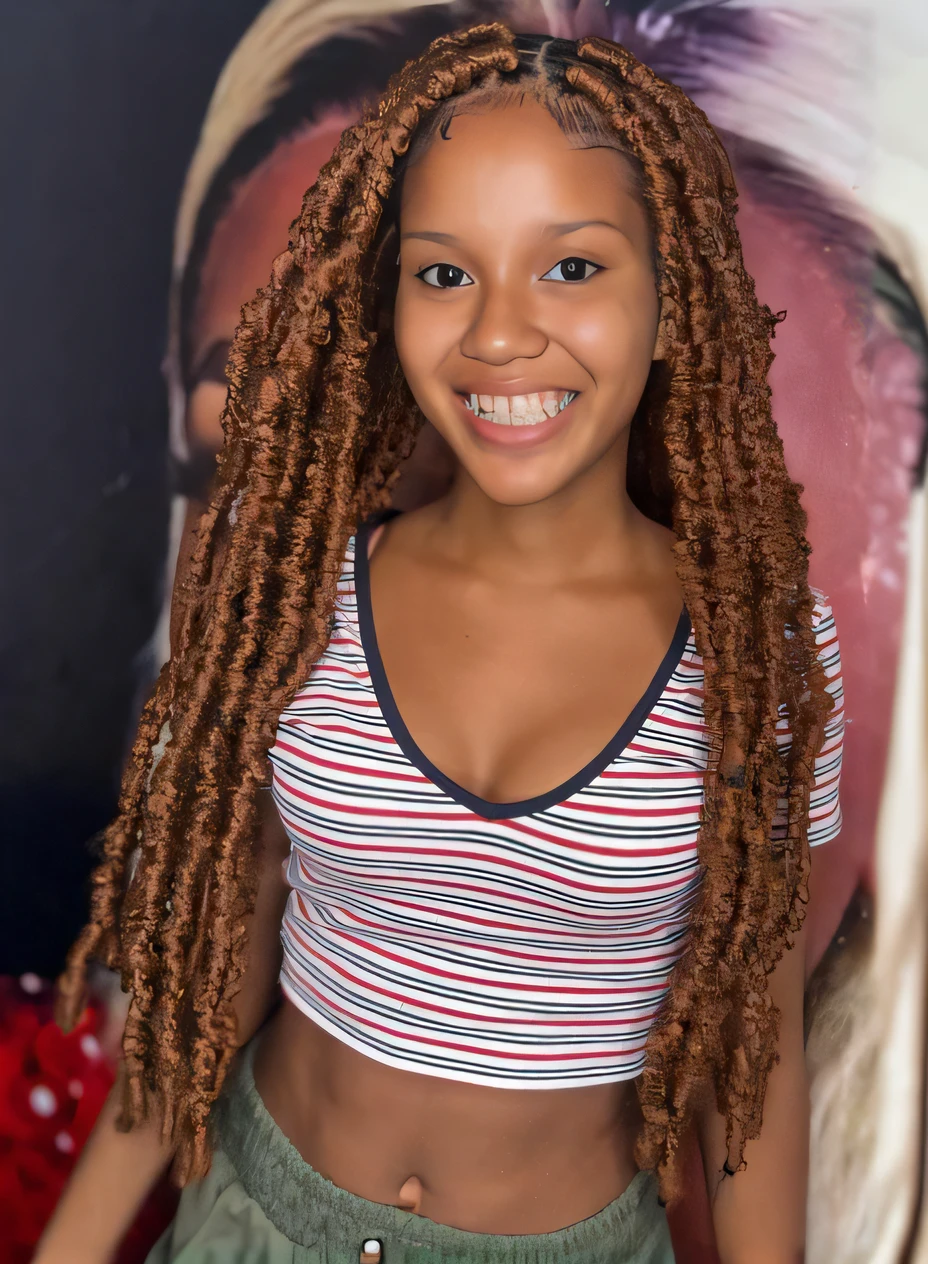 a woman with long brown hair wearing a striped shirt and green pants, red intricate long braids, box braids, dreadlocks longos, long braids, dreadlock breed hair, twisted braids, com pele parda, inspirado em Sophia Beale, taken in the early 2020s, cabelos cacheados cor de cobre, cabelo dreadlock, Parece Fabiula Nascimento, dreads
