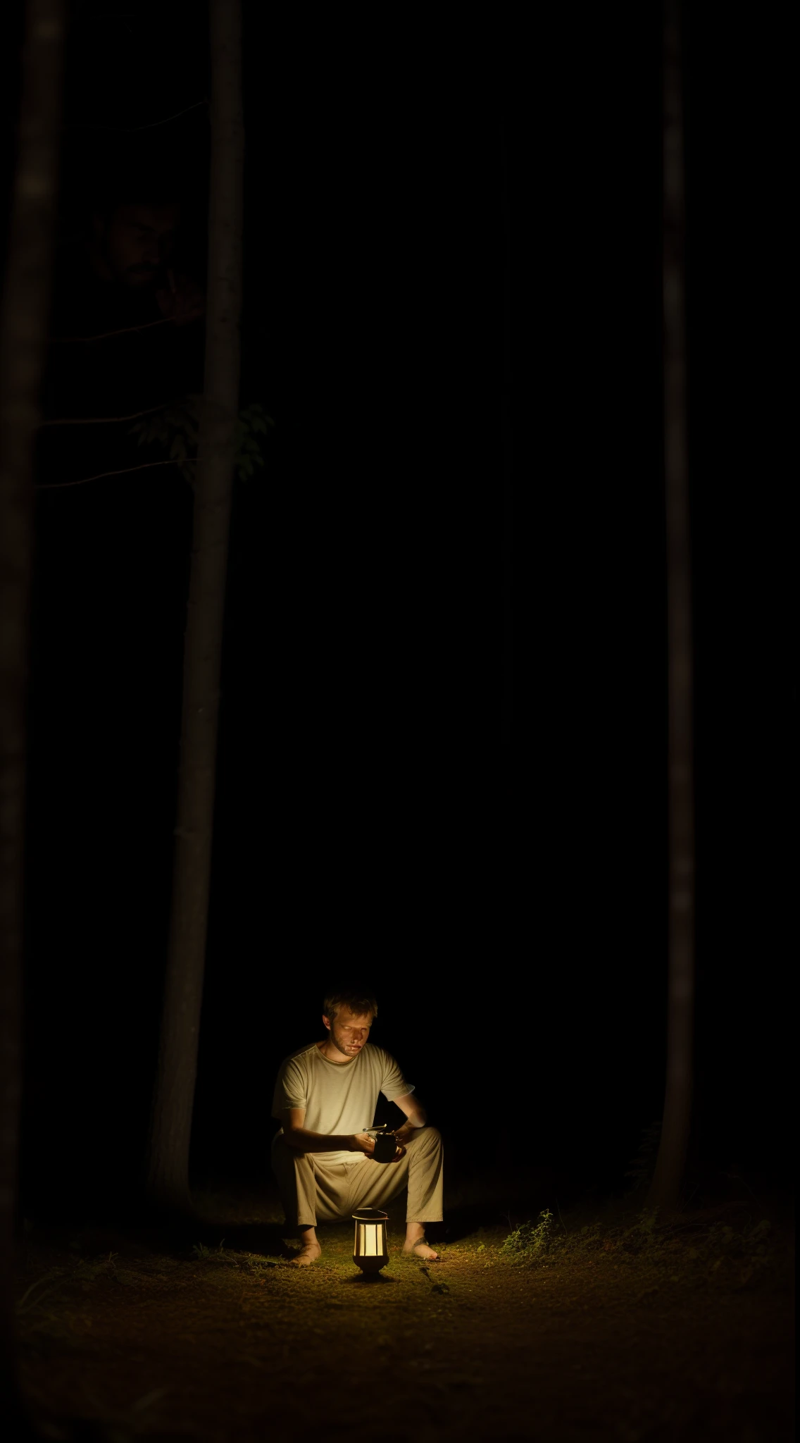 Man sitting carrying small lamp in middle of forest at night, tense atmosphere, lonely, in the middle of the forest, at night