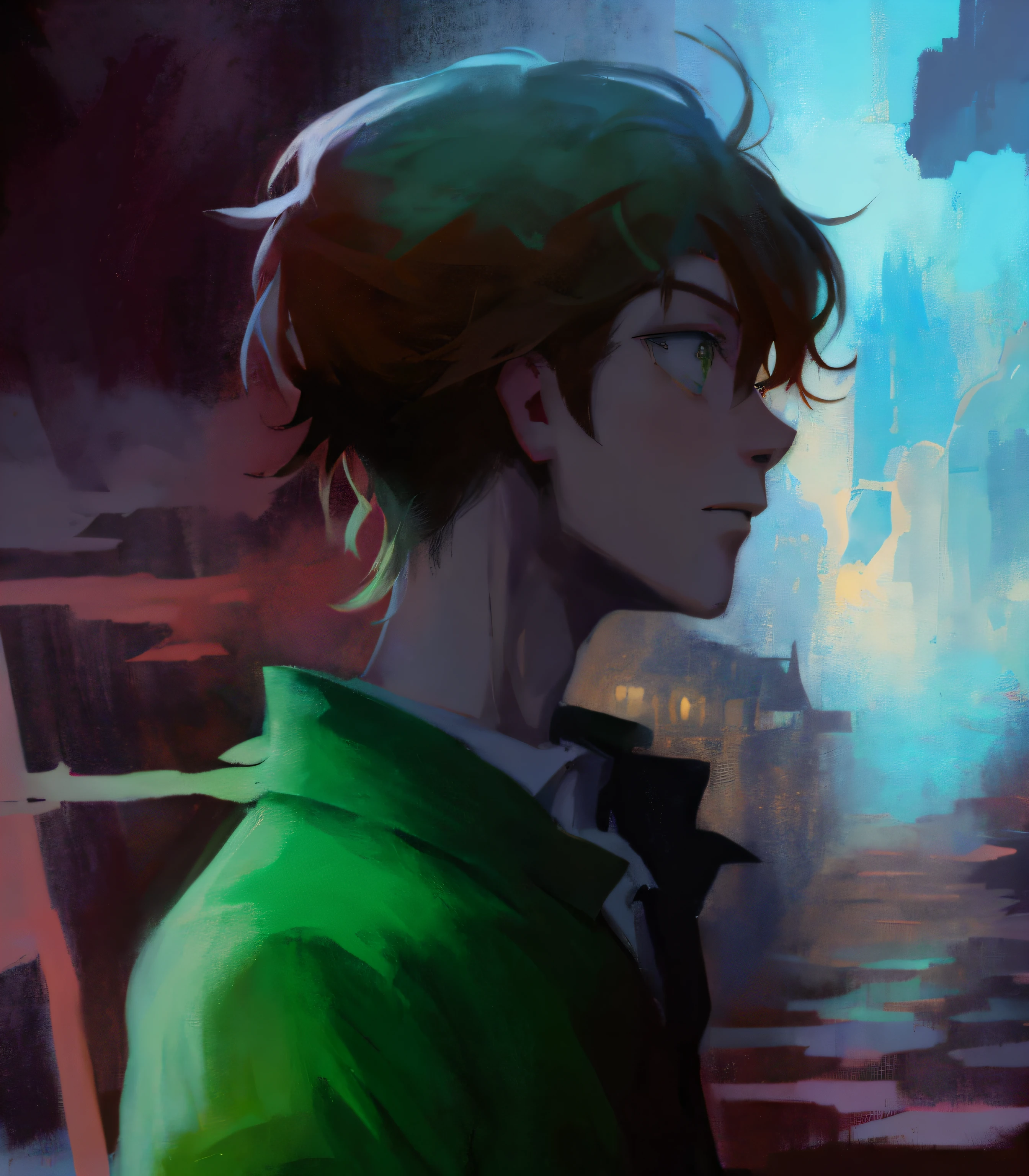 There is a painting,The painting shows a man in a green shirt and tie, inspired by Jamie Hewlett, author:Uesaka Seka, handsome guy in demon killer art, drawn in anime painter studio, Loish et WLOP, rob rey and kentaro miura style, made with anime painter studio, Guviz-style artwork