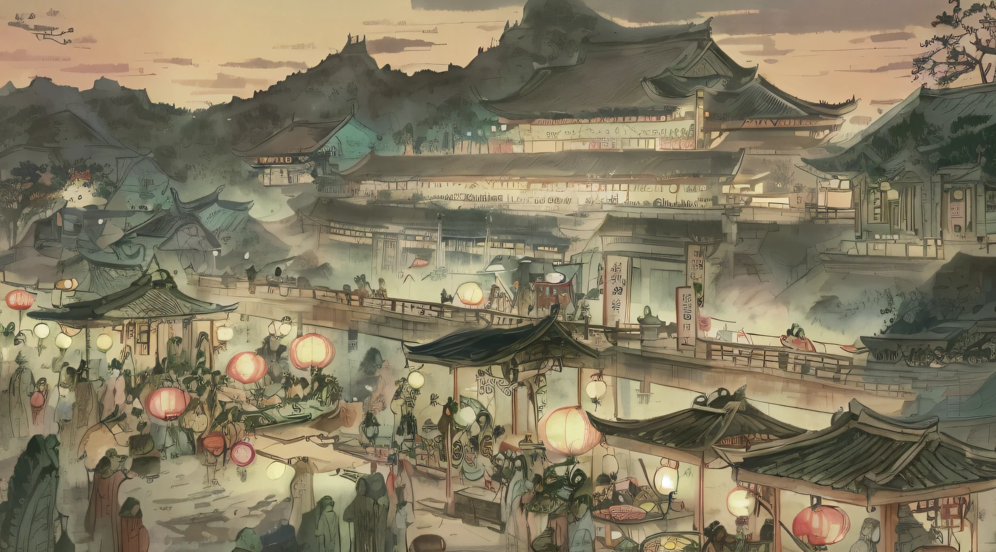 People walk in Chinese cities at night, Beautiful rendering of the Tang Dynasty, cyberpunk chinese ancient castle, ancient china art style, by Yang J, traditional japanese concept art, dreamy Chinese towns, Feng Zhu concept art, concept-art | feng zhu, ross tran. scenery background, author:Wang Lei, by Ni Yuanlu, author:Zou Yigui
