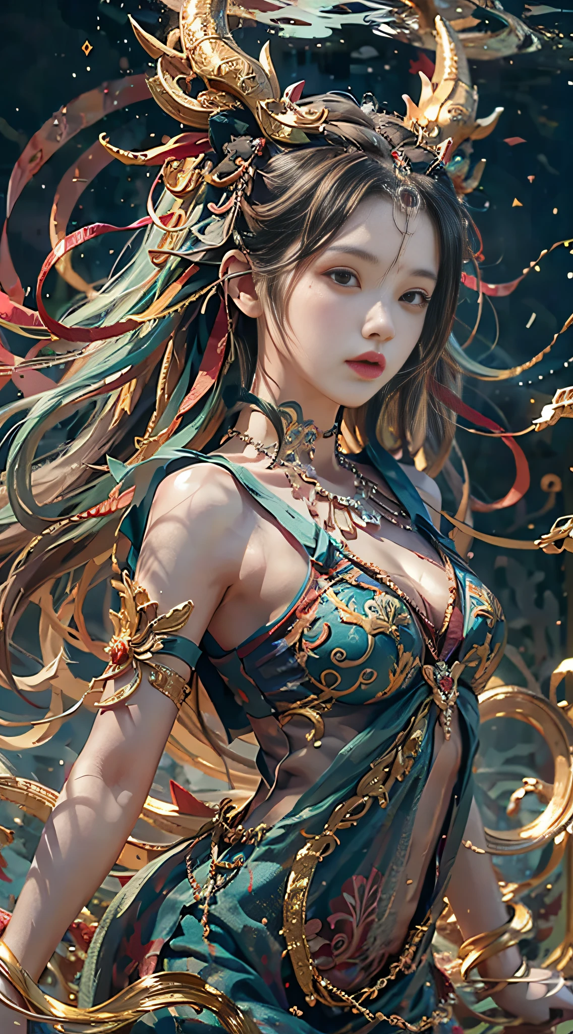 A girl, a dragon behind him, Dunhuang style, underwater, flying action, red ribbon wrapped around the body, surrealism, surrealism, supremacy, classicism, ultra hd, retina, masterpiece, ccurate, textured skin, anatomically correct, super detail, high detail, high quality, 1080P, high resolution, best quality, award-winning, 16k, 8k, 4k, hd