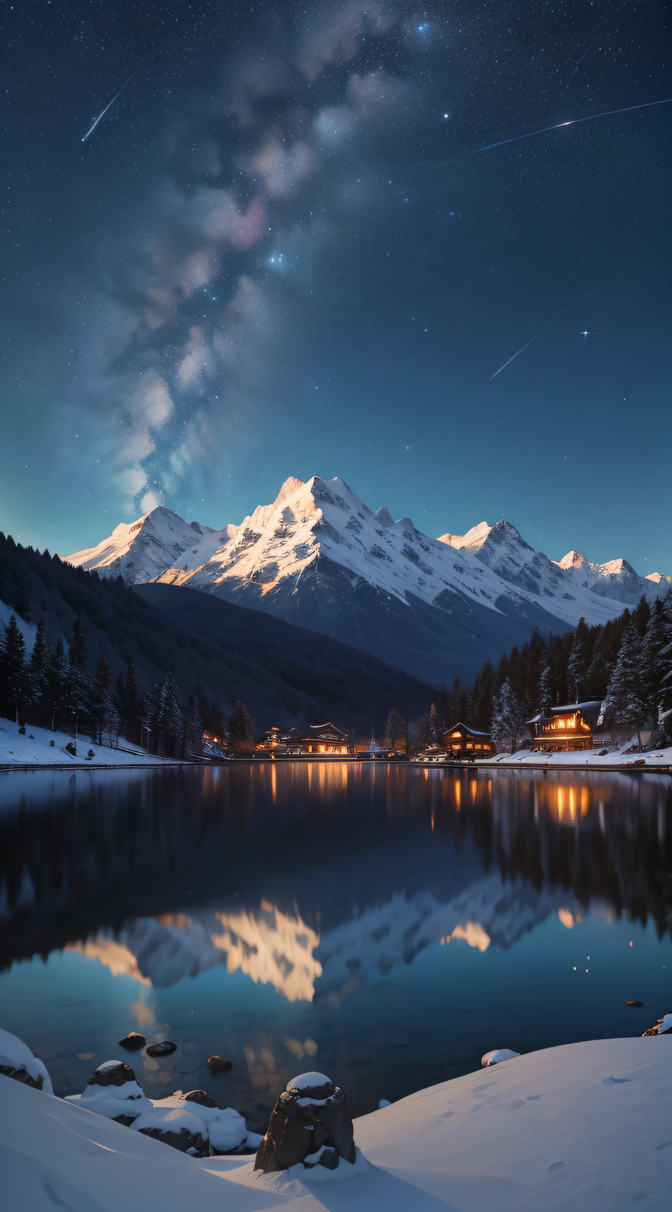 galactic,As estrelas,Yamakawa,Towering snow-capped mountains,lakes,Reflection of mountains in the lake,The night sky shines,StunningNaturalViews,Vast cosmic stars,Silent village,Village by the lake under the snowy mountains,Faint lights in the village。