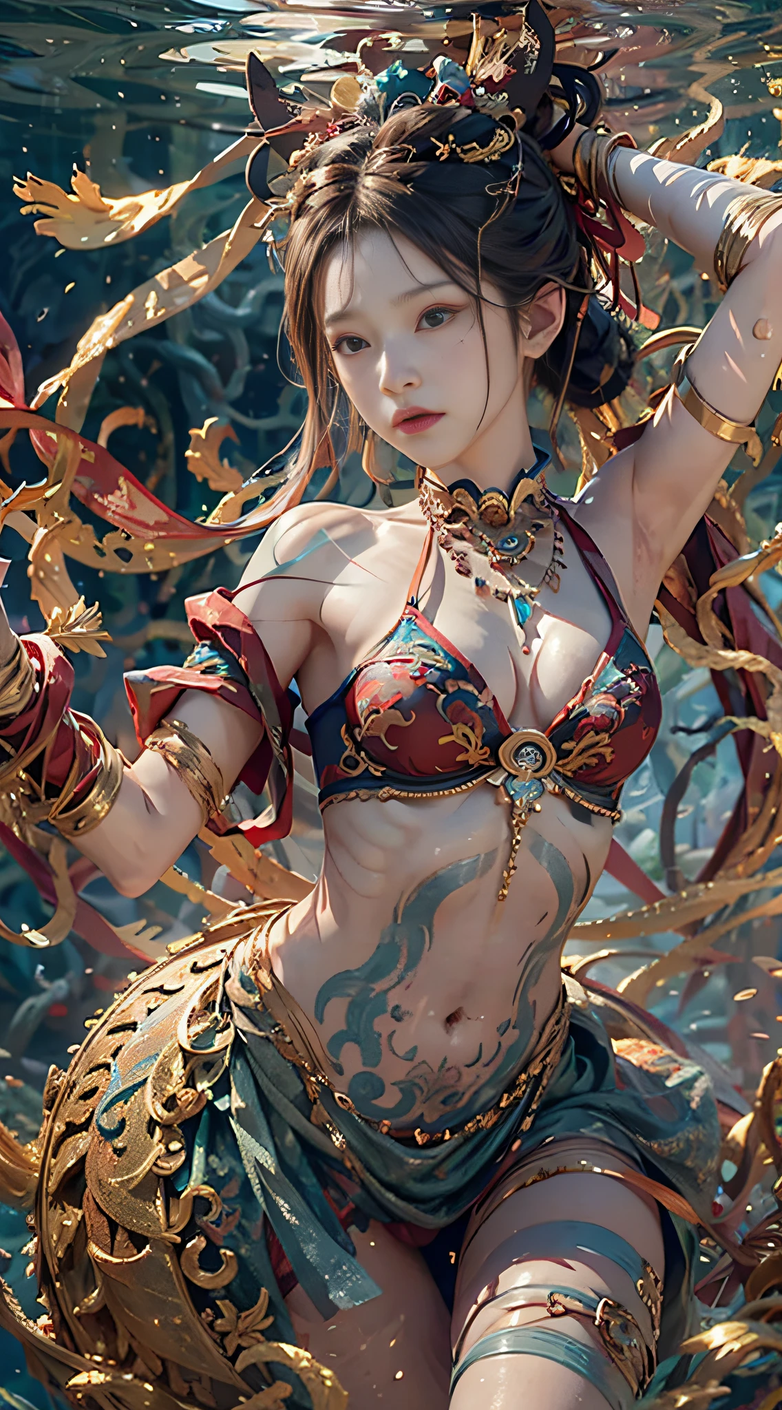 A girl, a dragon behind him, Dunhuang style, underwater, flying action, red ribbon wrapped around the body, surrealism, surrealism, supremacy, classicism, ultra hd, retina, masterpiece, ccurate, textured skin, anatomically correct, super detail, high detail, high quality, 1080P, high resolution, best quality, award-winning, 16k, 8k, 4k, hd