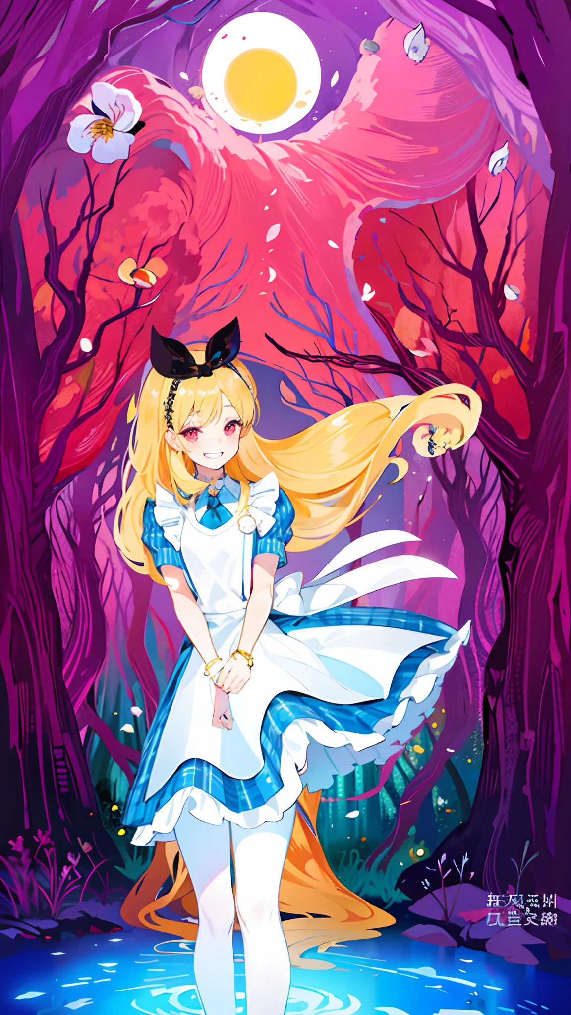 masterpiece, best quality, full body,
1girl, bangs, black choker, black necktie, blonde hair, blue skirt, blush, bracelet, breasts, choker, clothes around waist, collarbone, collared shirt, cowboy shot, dress shirt, ear piercing, eyebrows visible through hair, gradient hair, grin, gyaru, jewelry, kogal, long hair, looking at viewer, loose necktie, necktie, piercing, plaid, plaid skirt, pleated skirt, red eyes, ring, school uniform, shirt, skirt, smile, solo, white shirt,
street, sky, cherry blossoms, petals,illustration, (magazine:1.3), (cover-style:1.3), fashionable, woman, vibrant, outfit, posing, front, colorful, dynamic, background, elements, confident, expression, holding, statement, accessory, majestic, coiled, around, touch, scene, text, cover, bold, attention-grabbing, title, stylish, font, catchy, headline, larger, striking, modern, trendy, focus, fashion,