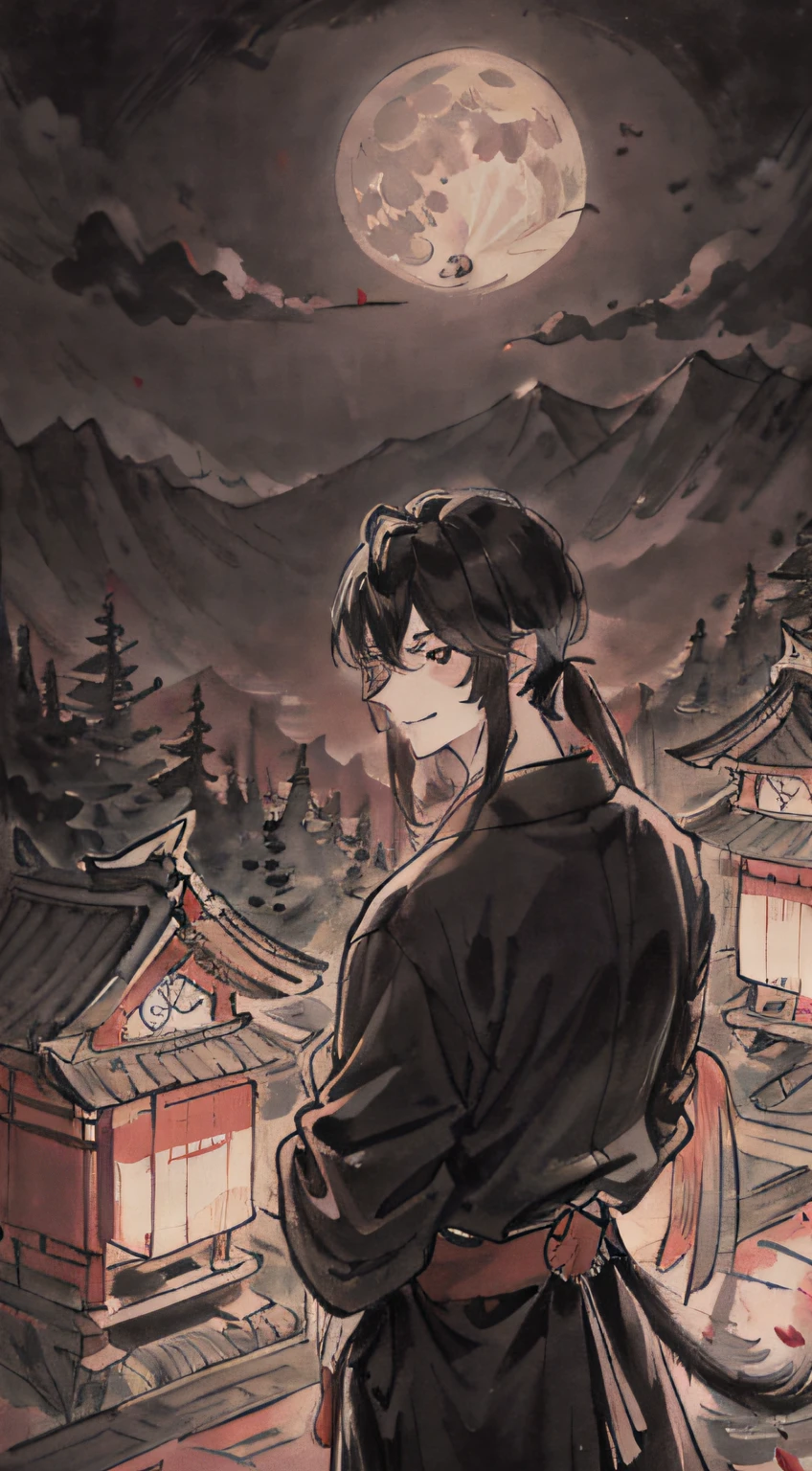 Young slender samurai man. He has long hair, gathered in a tail at the back of the head, smile face, Around it is a typical Japanese landscape: cherry blossoms, Three-story pagodas, etc..D., The moon was shining, In the background of the mountain