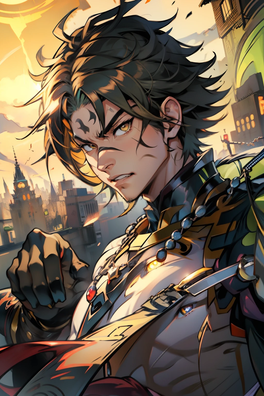 《the original god》Arataki Kazuto , male people，，((Masterpiece)), ((Best quality)), Ultra detailed,((illustration)), Dynamic Angle, Detailed light, (Delicate eyes), Floating, 1boy, Male focus, Head, Clothing, Yellow eyes, necklace, tattoo, (Forehead:0.8), (ahoge:0.8), jewelry, apathy，Ray， chest muscle， Sexy , Venom symbiote for your body, Black mucus of the body , （into venom）, Venom，frontage，style of anime4 K， 4K anime wallpaper， Badass anime 8 K， 4 k comic wallpaper， young anime man， Anime boys， Anime wallpapers 4 k， Anime wallpaper 4K， High quality anime art style， Anime moe art style， Anime art wallpaper 8 K， Anime art wallpaper 4 K， RGB lighting
