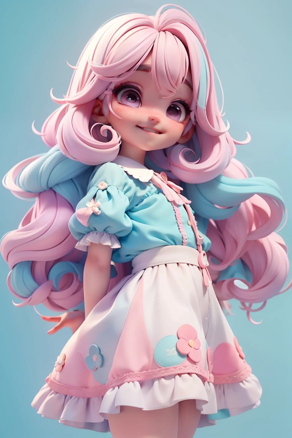Loli Aruel, menina meiga, olhos delicados, pastel tone, cabelo e roupa multicolorido, sorriso delicado, fundo simples e branco