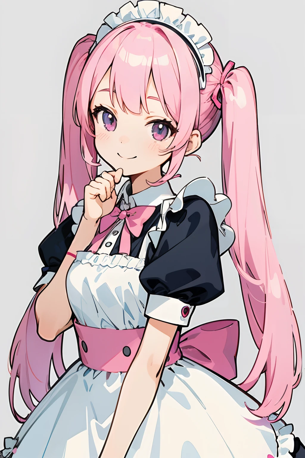 (finely best quality illustration:1.2), (kawaii girl:1.0), (1girl, solo:1.0), (pink hair, twintails:1.0), (maid:1.0), (smile:1.1), (ultra-detailed, highres, 4k:1.0),