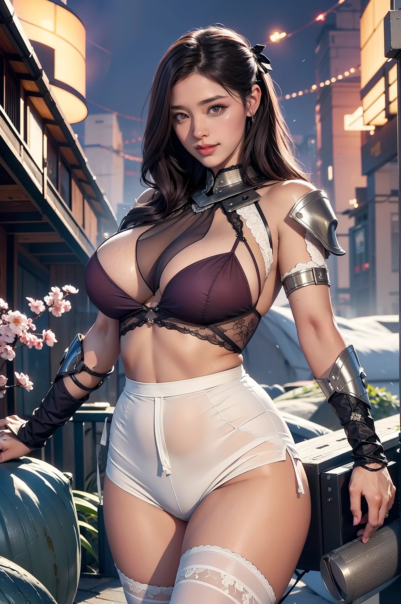 Female, Brown wavy hair, browneyes, Gloss on lips, Short purple kimono, Hair ribbon, Weaving style, Smile, the cherry trees, sonoko, gigantic cleavage breasts, Large of breast, An EU masterpiece，Best quality，Portrait of 1girl，((best qualtiy)), ((tmasterpiece)), (the detail:1.4), 3D, hdr（HighDynamicRange）,Ray traching,NVIDIA RTX,Hyper-Resolution,Unreal 5,Subsurface scattering、PBR Texture、post-proces、Anisotropy Filtering、depth of fields、maximum definition and sharpness、Many-Layer Textures、Albedo e mapas Speculares、Surface coloring、perfectly proportions、rendering by octane、Two-colored light、largeaperture、Low ISO、White balance、the rule of thirds、8K raw data、Raised translucent top, Smaller top, Smaller white lace shorts, Raised, Mature feminization, Flattering eyes, White lace translucent top，Flat naked abdomen, Snow-white thighs, White lace stockings, Bare arms, Mature charm deep V open neck, Long reddish-brown shiny hair, White lace translucent shorts perfect body 9-head beauty body contains thunderbolt pie. Smaller and more transparent shorts