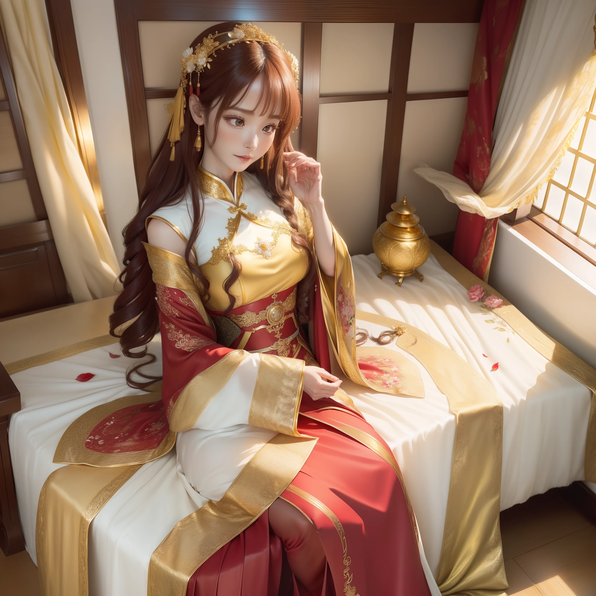 best quality, masterpiece, highres, (exquisite body:1.5),gorgeous face,(milky skin:1.3),intricate details,high resolution,wallpaper,
1girl, solo, dress, hair ornament, (((gold and red dress))), flowers, long hair, brown hair, closed mouth, jewelry, long sleeves, hand up, wide sleeves, big eyes,floating hair, chinese clothes, hanfu, embroidery, long skirt, natural pose, falling petals, indoor,fanning, lantern,
16K,HDR,highres,depth field,(film grain:1.1),boken,golden hour,(lens flare),vignette,rainbowing,(color grading:1.5)
