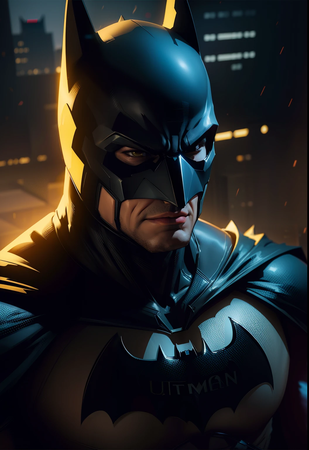 Batman, realistic mask, yellow logo, wide shot, reflection light, bloom, chromatic aberration abuse, UHD