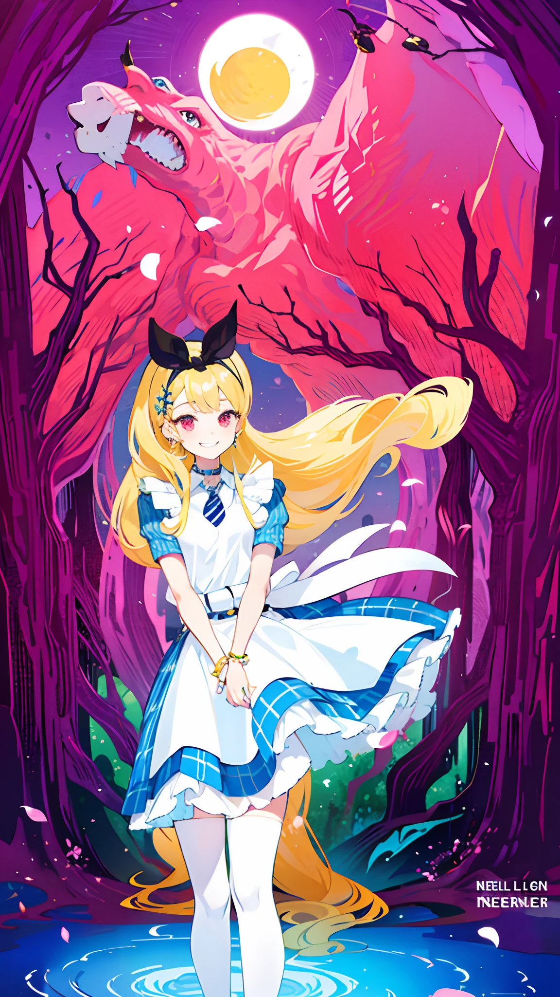 masterpiece, best quality, full body,
1girl, bangs, black choker, black necktie, blonde hair, blue skirt, blush, bracelet, breasts, choker, clothes around waist, collarbone, collared shirt, cowboy shot, dress shirt, ear piercing, eyebrows visible through hair, gradient hair, grin, gyaru, jewelry, kogal, long hair, looking at viewer, loose necktie, necktie, piercing, plaid, plaid skirt, pleated skirt, red eyes, ring, school uniform, shirt, skirt, smile, solo, white shirt,
street, sky, cherry blossoms, petals,illustration, (magazine:1.3), (cover-style:1.3), fashionable, woman, vibrant, outfit, posing, front, colorful, dynamic, background, elements, confident, expression, holding, statement, accessory, majestic, coiled, around, touch, scene, text, cover, bold, attention-grabbing, title, stylish, font, catchy, headline, larger, striking, modern, trendy, focus, fashion,