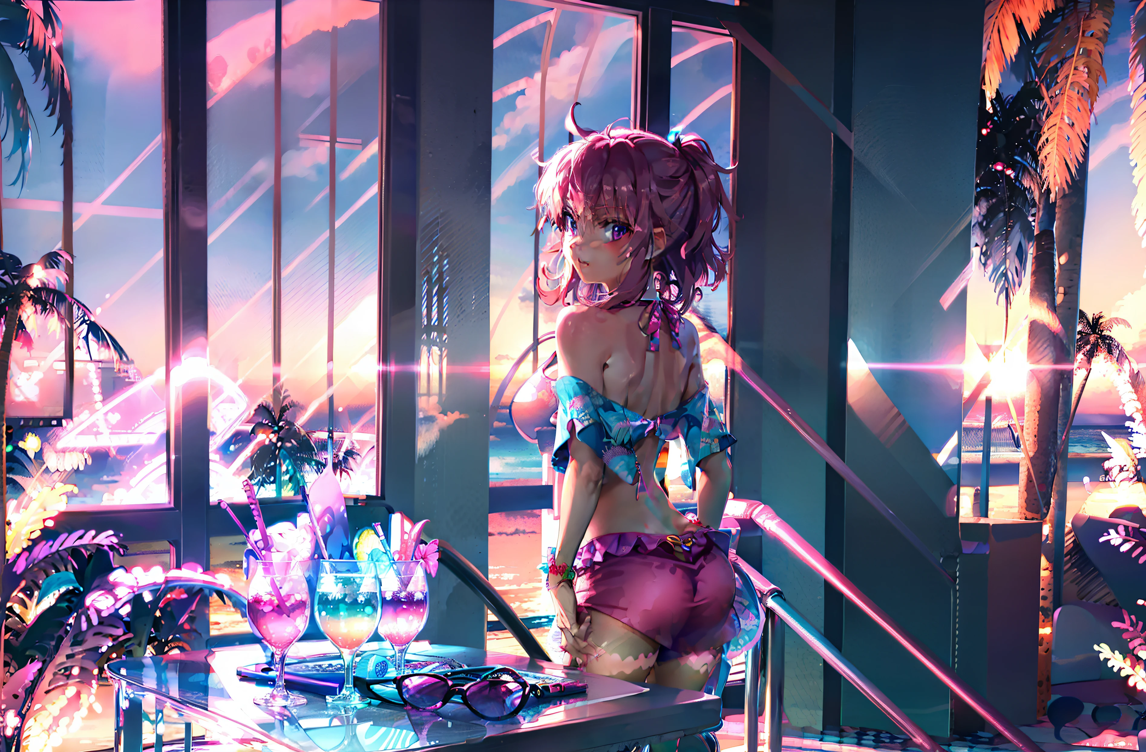 Beach Bar Sunset Magenta Sunset Blue Neon Blue Neon Sunset Mojito Blue Neon 80s Japanese Bikini Girl Red Sunglasses on Table Cover Hands