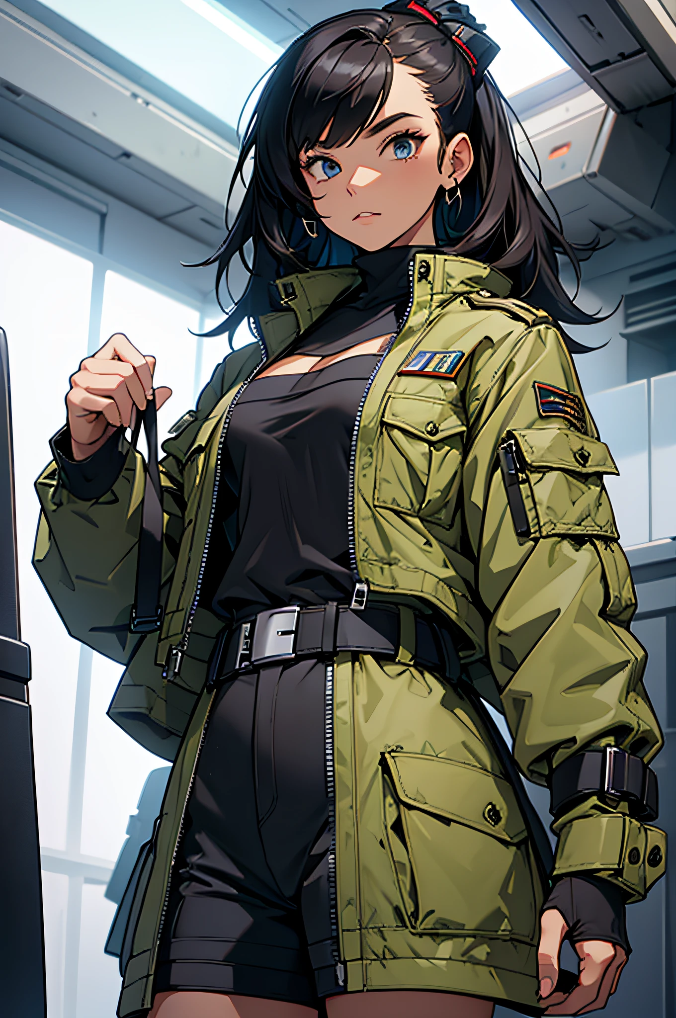 sci-fi military girl with designer cloths and stylized belts and straps --auto