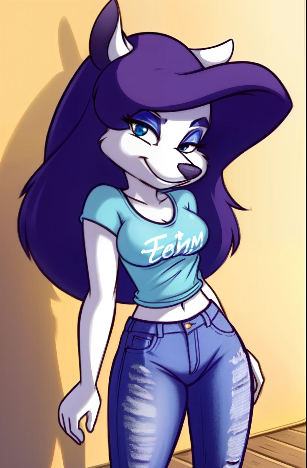 1girl, MinervaMinkCzar,(peludo, furry female, corpo inteiro), (orelhas de animais, cauda longa, cauda loira, focinho, franja varrida, cabelo longo, cabelo loiro, maquiagem, olhos pretos, sombra azul) camiseta pequena, Denim Jeans Pants, botas alta