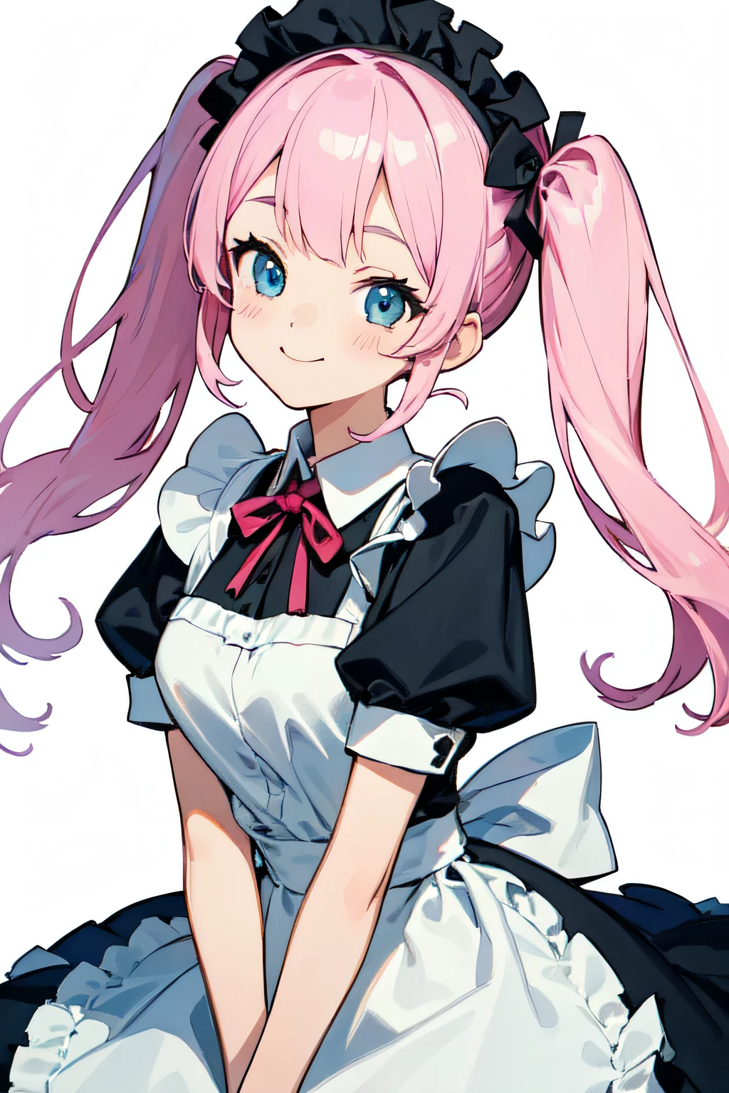 (finely best quality illustration:1.2), (kawaii girl:1.0), (1girl, solo:1.0), (pink hair, twintails:1.0), (maid:1.0), (smile:1.1), (ultra-detailed, highres, 4k:1.0),