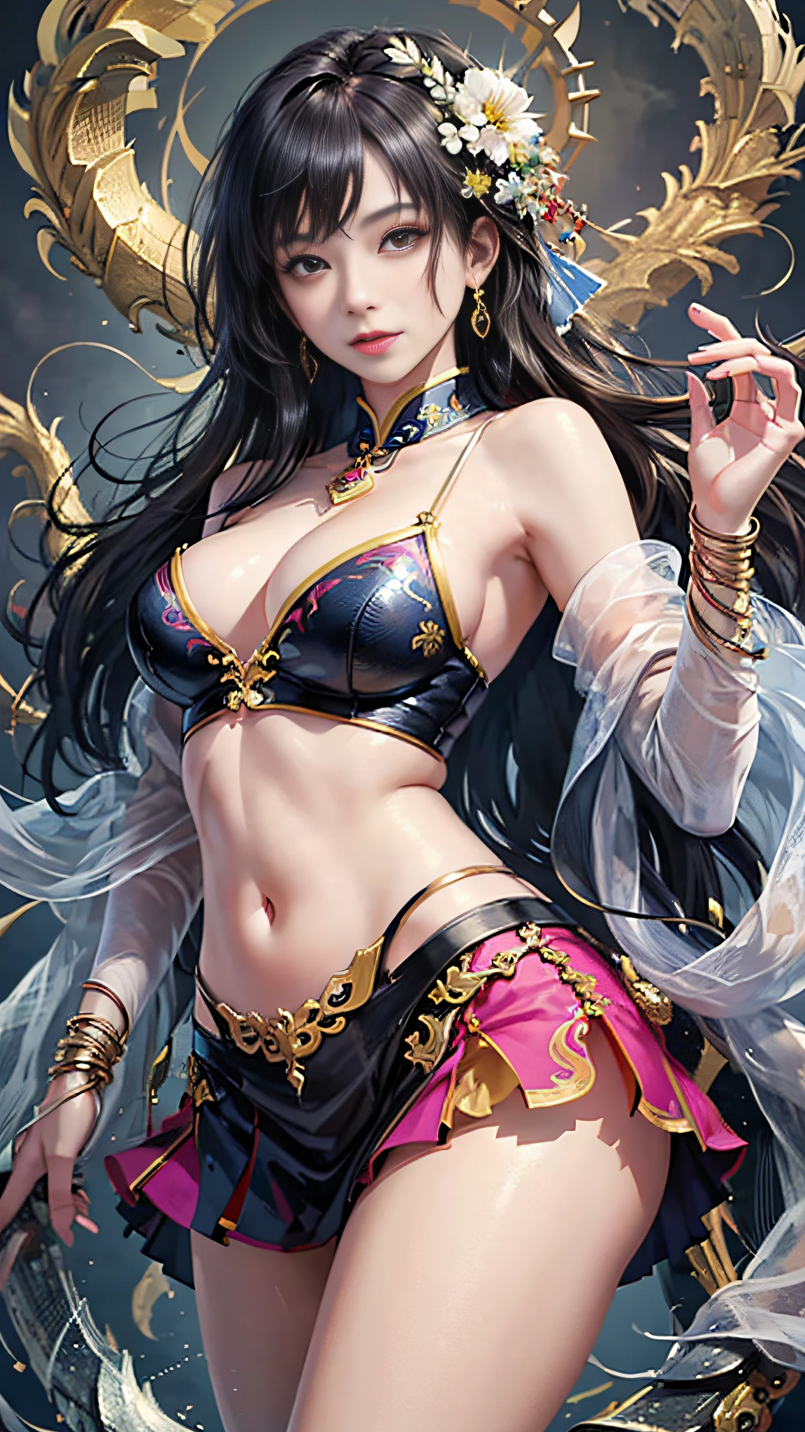 Official Art, Unified 8K Wallpapers, Ultra Detailed, Beautiful and Aesthetic, Masterpiece, Best Quality, (Zentangle, Tangle, Entangle), (fractal art: 1.4), 1girl, black hair, Chinese, bare shoulders, short skirt, calf, navel, very detailed, dynamic angle, cowboyshot, (most beautiful form chaos), flowing, (bright colors), oc, (half: 1.2), china, (thangka flying sky: 1.5), (ribbon: 1.3), (dream: 1.5), (hanfu: 1.5), Chinese dragon, Chinese phoenix, (smile: 0.5), (Chinese deity),