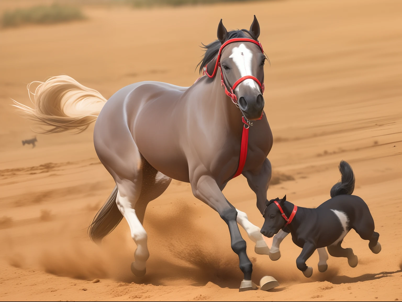 um puppy correndo com um horse em planice