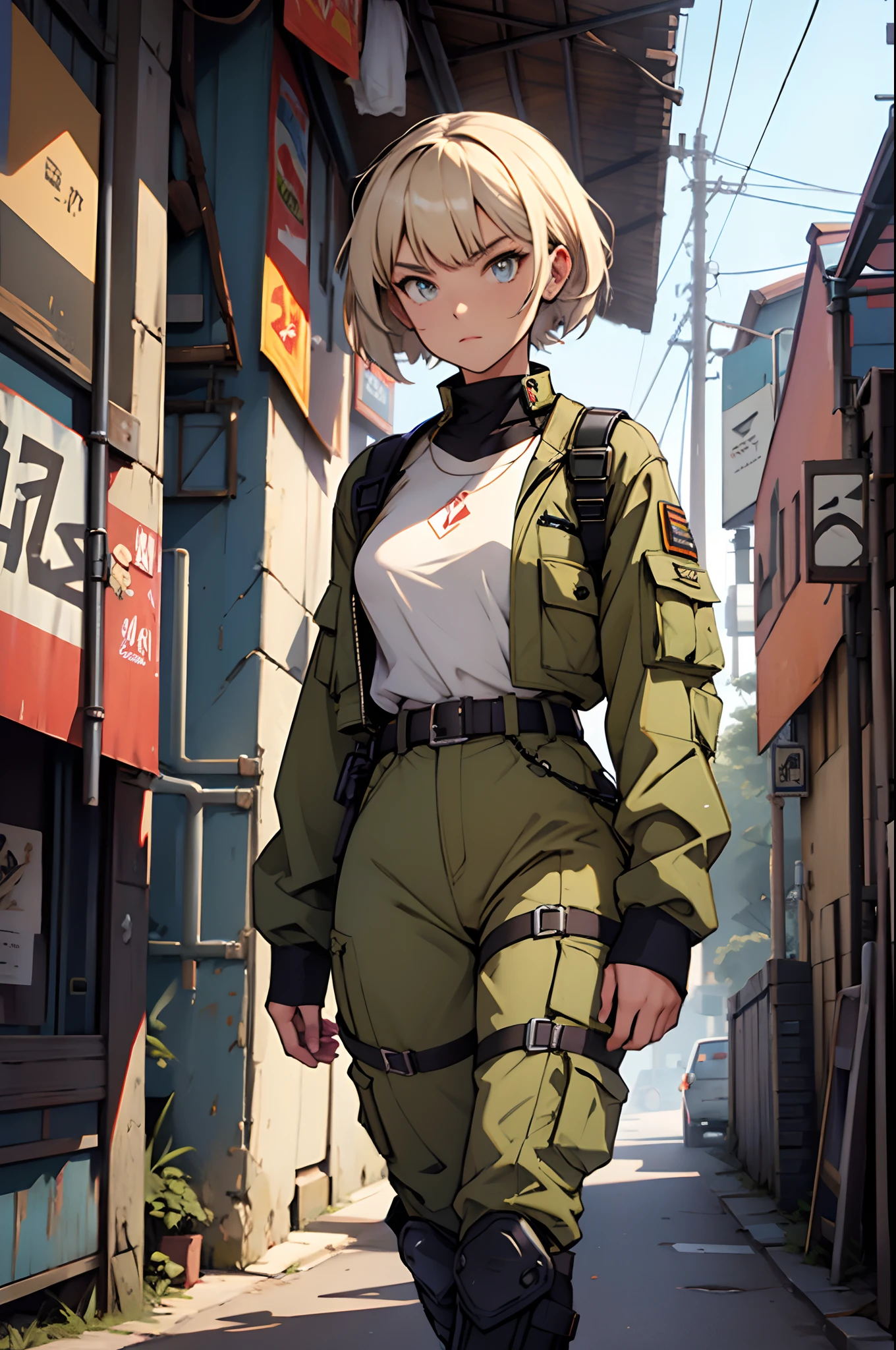 sci-fi military girl with designer cloths and stylized belts and straps --auto