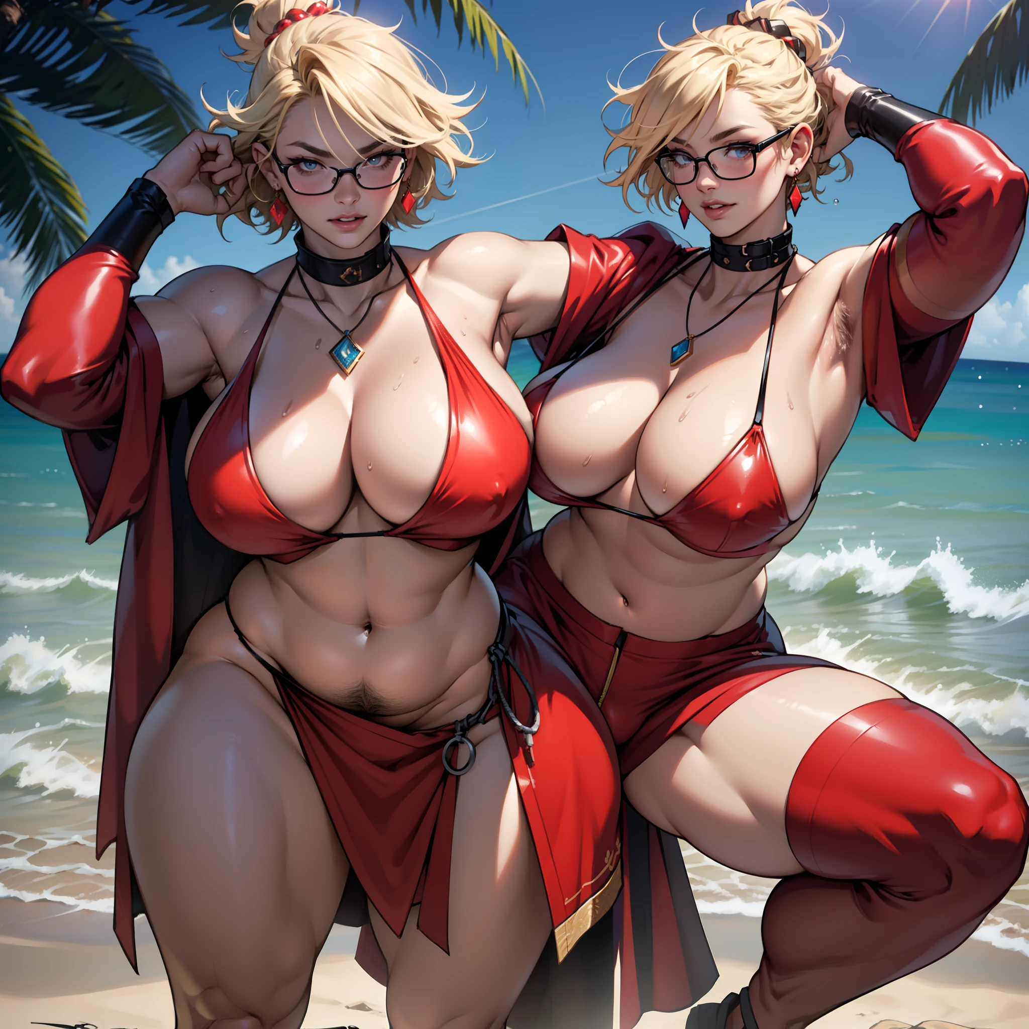 独奏，（：1.3），thick thight，upper legs，Wide buttock，dent in the skin，short detailed hair，Blonde curly hair，erected ，beachside，ssmile，Love glasses ，Leaning in ，Vaginal exposure ，omao，pubes，cheerfulness，（Red latex dress：1.2），cparted lips，plumw，exposed midriff，protruding areolas，gigantic cleavage breasts，4K，realistic humid skin，Armpits，Large curved hips，very big tongue out，Fleshy figure，with perfect legs，Hypertrophic，protruding areolas，Hypertrophic，crouched，Bronzed skin，Detailed lips，bubble butt，Breasts are larger than the torso，Crazy swollen breasts，otherworld background，Koreainsta Goddess，Realistic fantasy rendering，Forced hair，photorealistic anime girl rendering，Faraway view，（full-body portraits：1.4），（：1.5），（Exaggerated body proportions），（Nine-headed body），Wear a delicate earring pendant，The chest is exposed from it，a plump buttocks，slender leg，Thick thighs，（Wear a red transparent kimono）， camel-toe，rendering by octane， （Unbeatable masterpiece， ultra realistic 8k cg， dramatics， Ray traching， hdr：1.2）， （best qualtiy）， fanciful， atmospurate， extremely detaile， iintricate， Hyper-detailing， glaring lights， （mirror lighting： 1.4）， （photorealiscic face： 1.2）， （dent in the skin： 1.3）， （1 rapariga： 1.4），Bright red lip gloss，stretch open，pubes，The belly bulges，prengant