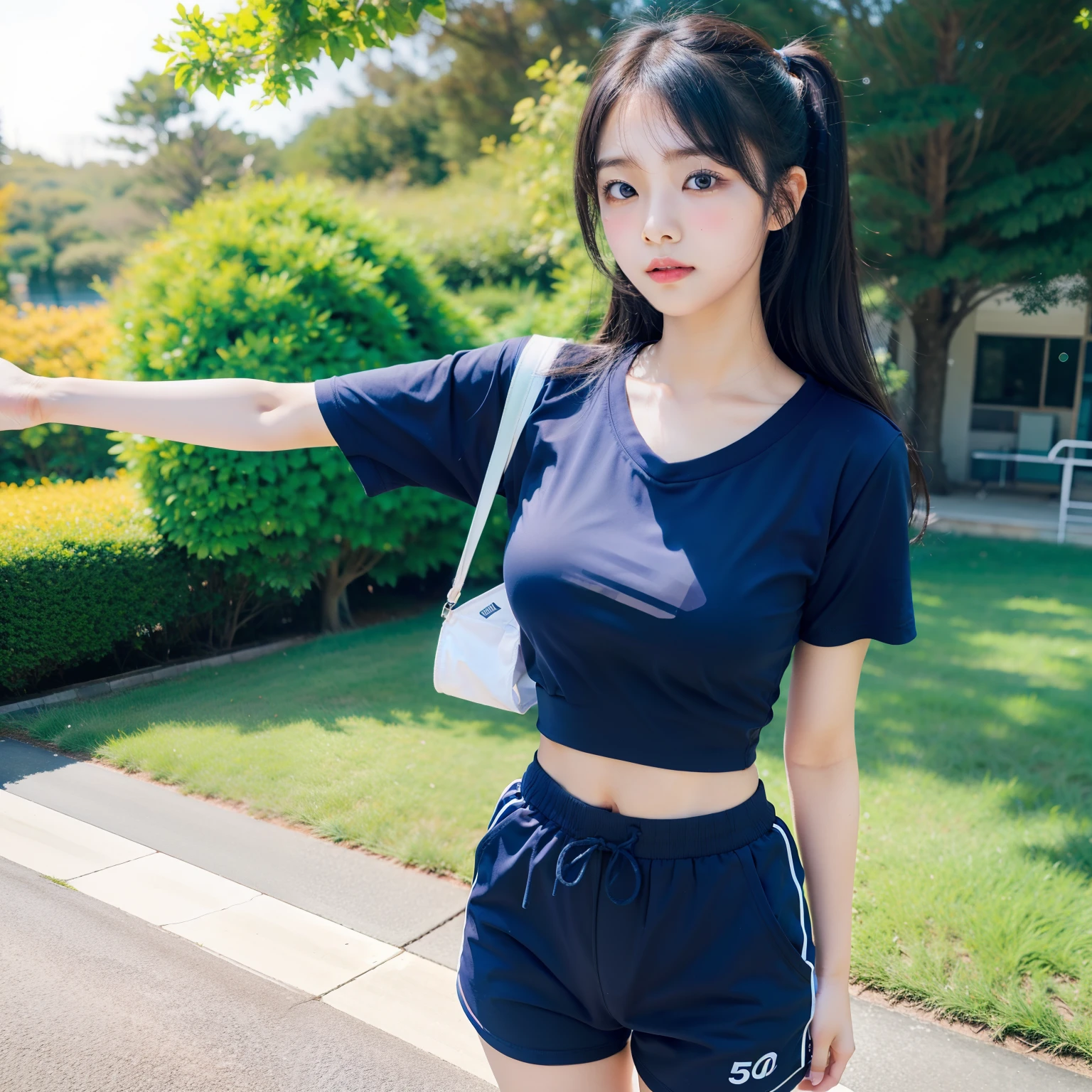 very real、Top-notch image quality、in 8K、fully body photo、Japanese high school  girl、sixteen years old、Soio、kawaii、A dark-haired、middlebreasts、160cm、Wearing gym clothes[Navy blue waist-length T-shirt、Navy blue shorts]、Walking、Fluid movement、Use bright colors and soft tones to create a dreamy and fantastic atmosphere、Leaving school、fully body photo