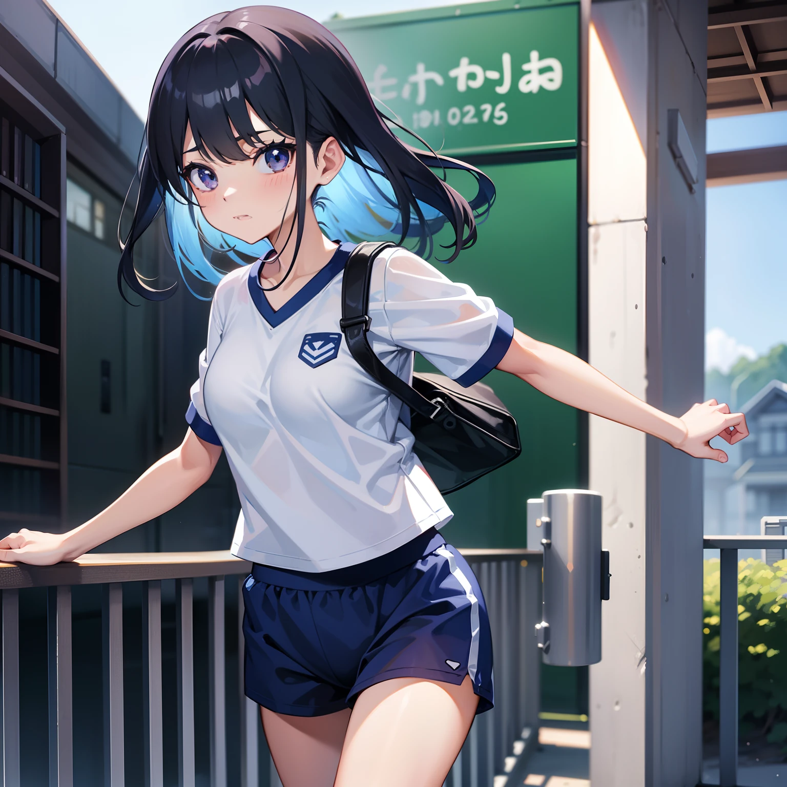 very real、Top-notch image quality、in 8K、fully body photo、Japanese high school  girl、sixteen years old、Soio、kawaii、A dark-haired、middlebreasts、160cm、Wearing gym clothes[Navy blue T-shirt、Navy blue shorts]、Walking、Fluid movement、Use bright colors and soft tones to create a dreamy and fantastic atmosphere、Leaving school、fully body photo