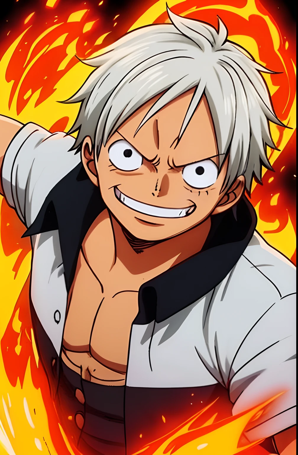 Design an attractive poster featuring Luffy from "One Piece" smiling and confident. Capture the essence of his burning determination and resilient spirit as he unleashes his wrath on his enemies. white hair like delicious fire burning, white fire,