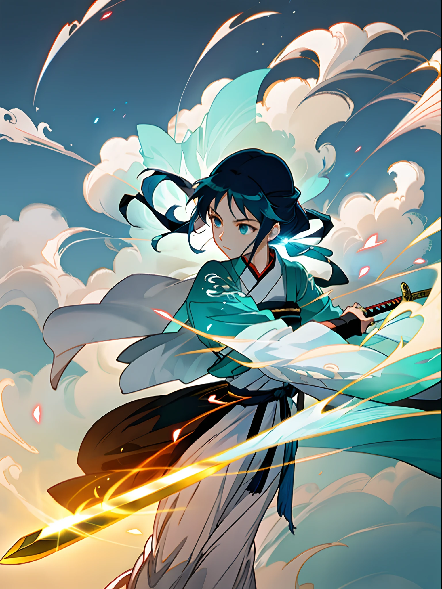 Chinese female swordsman,Ancient Chinese cold weapon sword 1.4,dressed white hanfu,Blue sea background,The female swordsman holds the hilt of a sword,floating in air,The silver longsword pierced forward,Swirling cyan glow,Essence Immortal 1.5,Tyndall effect,Glow effect,Anime art style,romantic landscape,Meticulous brushstrokes,Realistic pop music,New School Beast,Knolling,8K。