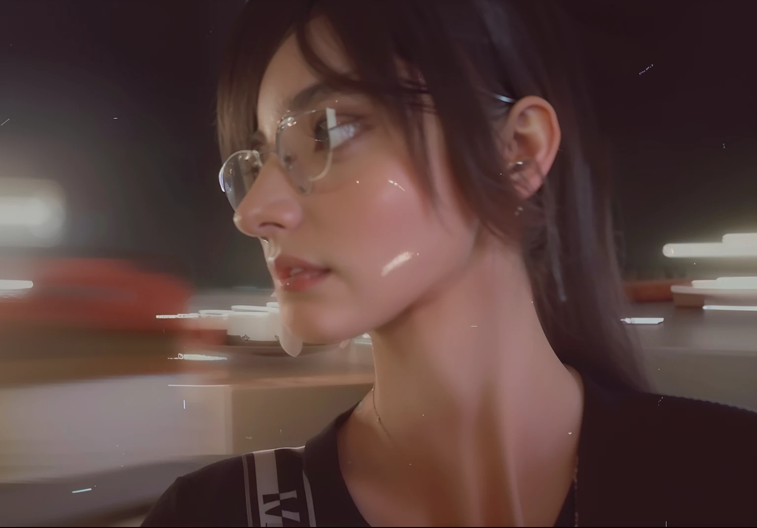 Face without inscriptions, A woman with glasses is looking at something, She has a pretty face, Instagram Story, low quality footage, she has a cute expressive face, low quality video, grainy low quality, Blurred face, tiktok video, fami, Instagram Filter, very very low quality picture, grainy low quality, she is facing the camera, With sweet loving eyes