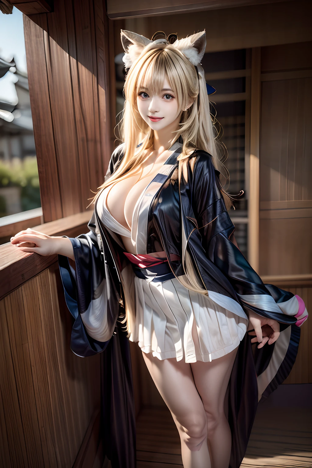 top-quality、masterpiece、超A high resolution、(Photorealsitic:1.4)、Raw foto、1 girl in、a blond、full body Esbian、large full breasts、Ultra exposed cleavage、erotick、Erotic look、gargantilha、二重まぶた、Loose and fluffy perm、semi long hair、student clothes、a miniskirt、JK Ribbon、Thin, Skinny clothes、Smiling smile、Fox ears matching hair color、(((Loose kimono:1.5)))++、Fox ears to match hair color、