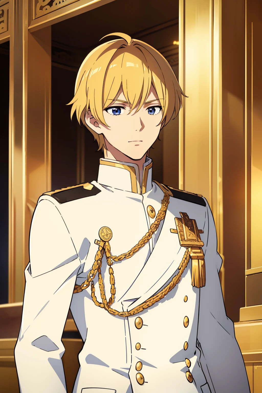 A man, prince, shiny blond hair, handsome, detailed face, white uniform with gold details, in a temple, bowing