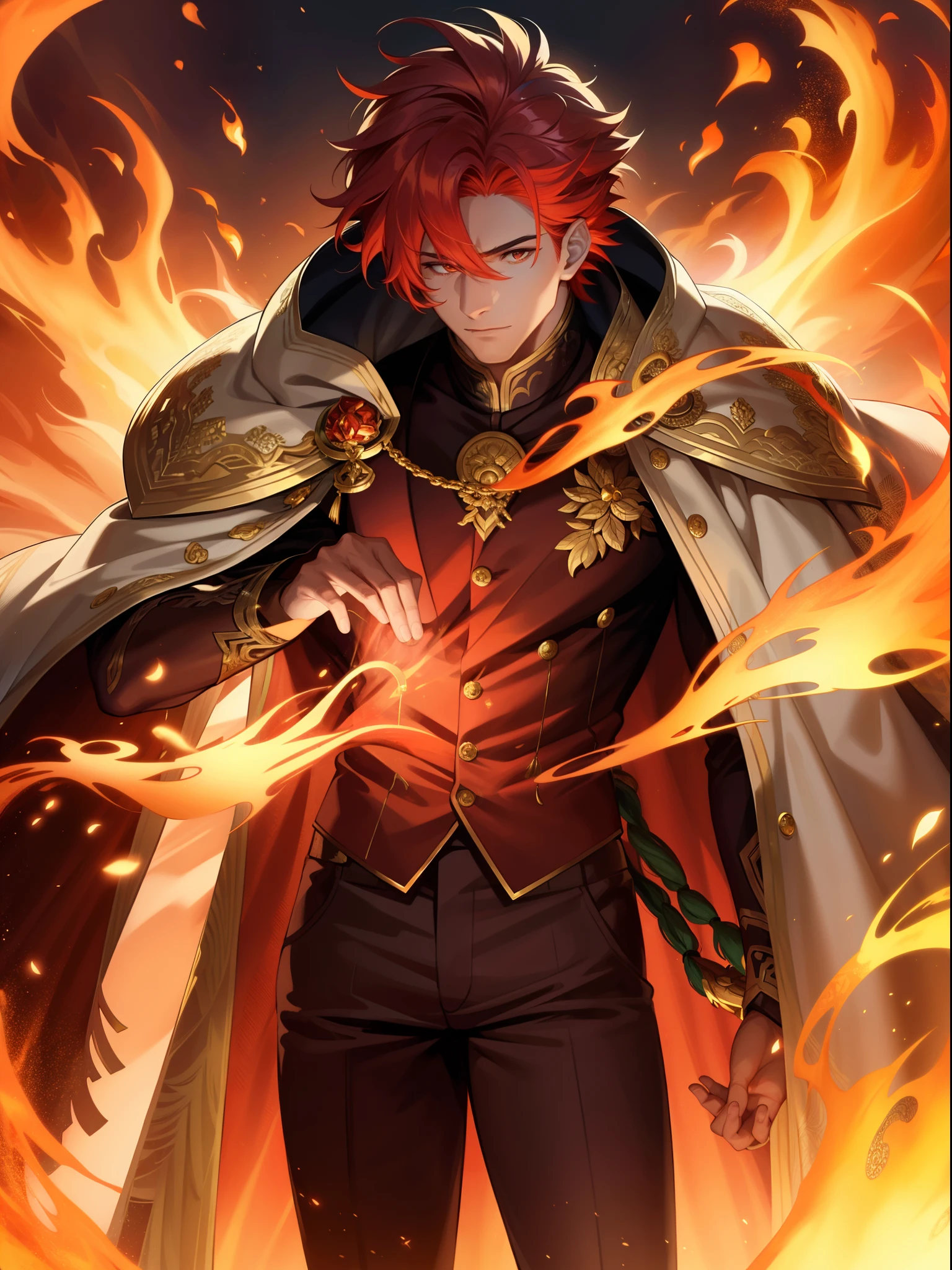 Close up, detailed, God of Fire depicted as a very handsome man, His hair red like embers, His skin seems to emit a golden glow, glowing like an eternal flame, wears a long and elaborate coat, adorned with intricate patterns of embroidered golden flames. Tight pants