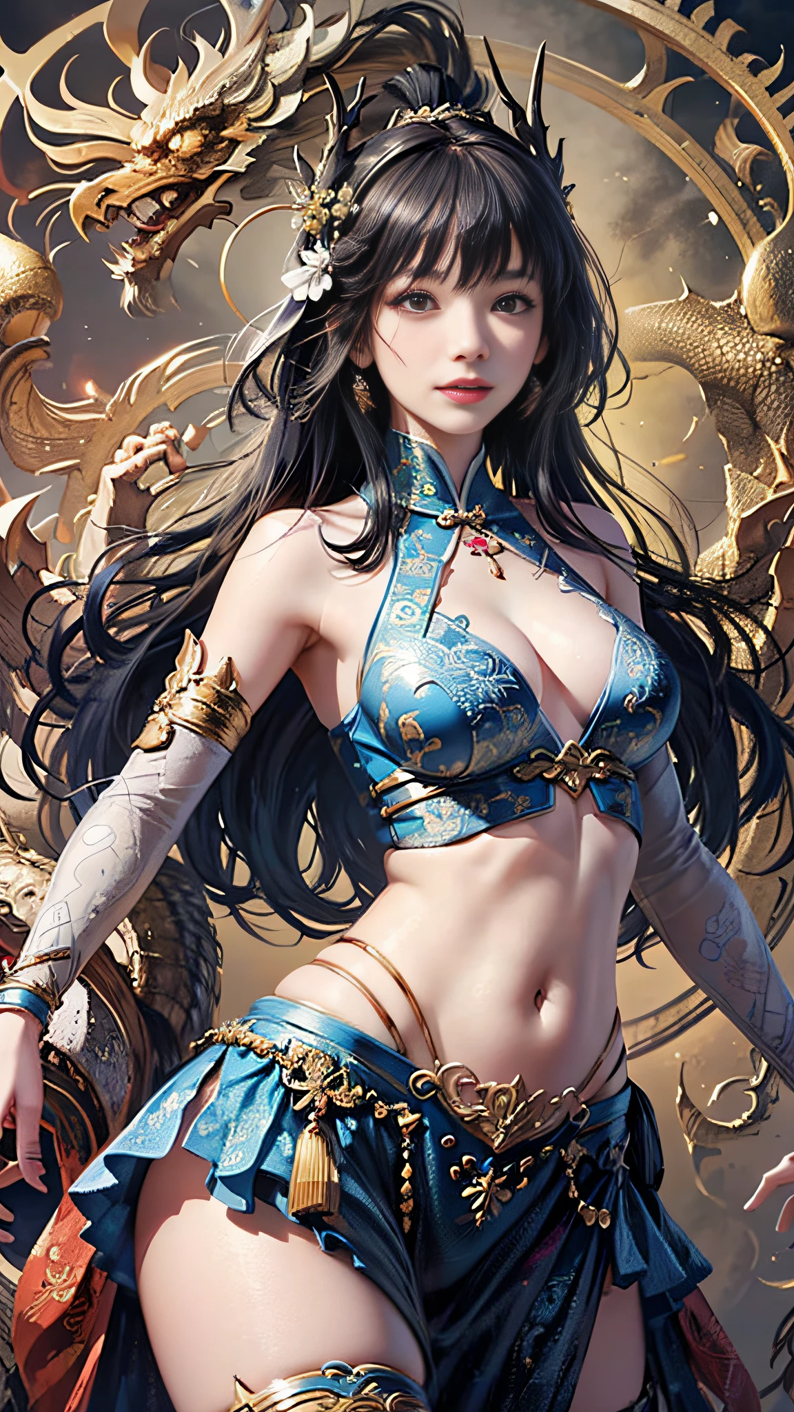 Official Art, Unified 8K Wallpapers, Ultra Detailed, Beautiful and Aesthetic, Masterpiece, Best Quality, (Zentangle, Tangle, Entangle), (fractal art: 1.4), 1girl, black hair, Chinese, bare shoulders, short skirt, calf, navel, very detailed, dynamic angle, cowboyshot, (most beautiful form chaos), flowing, (bright colors), oc, (half: 1.2), china, (thangka flying sky: 1.5), (ribbon: 1.3), (dream: 1.5), (hanfu: 1.5), Chinese dragon, Chinese phoenix, (smile: 0.5), (Chinese deity),