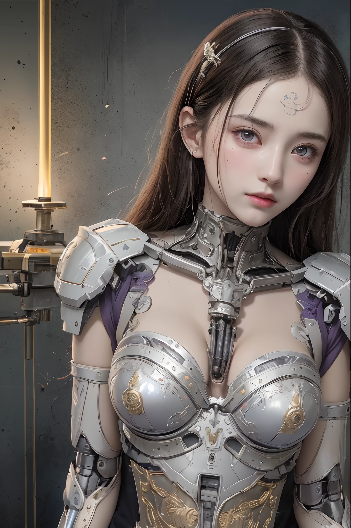 Top Quality, Masterpiece, Ultra High Resolution, (Photorealistic: 1.4), Raw Photo, 1 Girl, Black Hair, Glossy Skin, 1 Mechanical Girl, (Ultra Realistic Detail)), Portrait, Global Illumination, Shadows, Octane Rendering, 8K, Ultra Sharp, Big, Cleavage Exposed Raw Skin, Metal, Intricate Ornament Details, Japan Details, Very intricate details, realistic light, CGSoation trend, purple eyes, glowing eyes, facing the camera, neon details, mechanical limbs, blood vessels connected to the tube, mechanical vertebrae attached to the back, mechanical cervical attachment to the neck, sitting, wires and cables connecting to the head, gundam, small LED lamps,