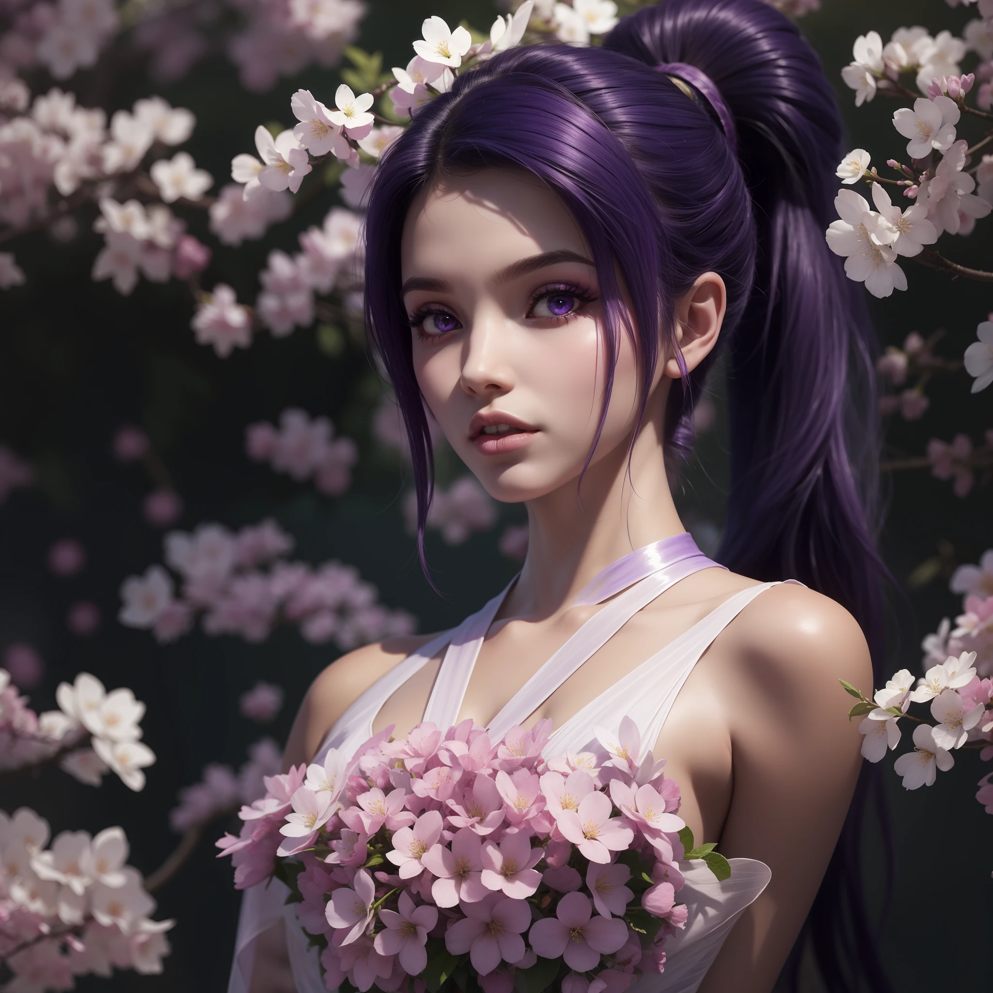 Vidia beautiful purple hair ponytail on neon background purple eyes with transparent dress ultra detailed very realistic high definition with bare shoulders cherry blossom everywhere cherry blossoms surround her