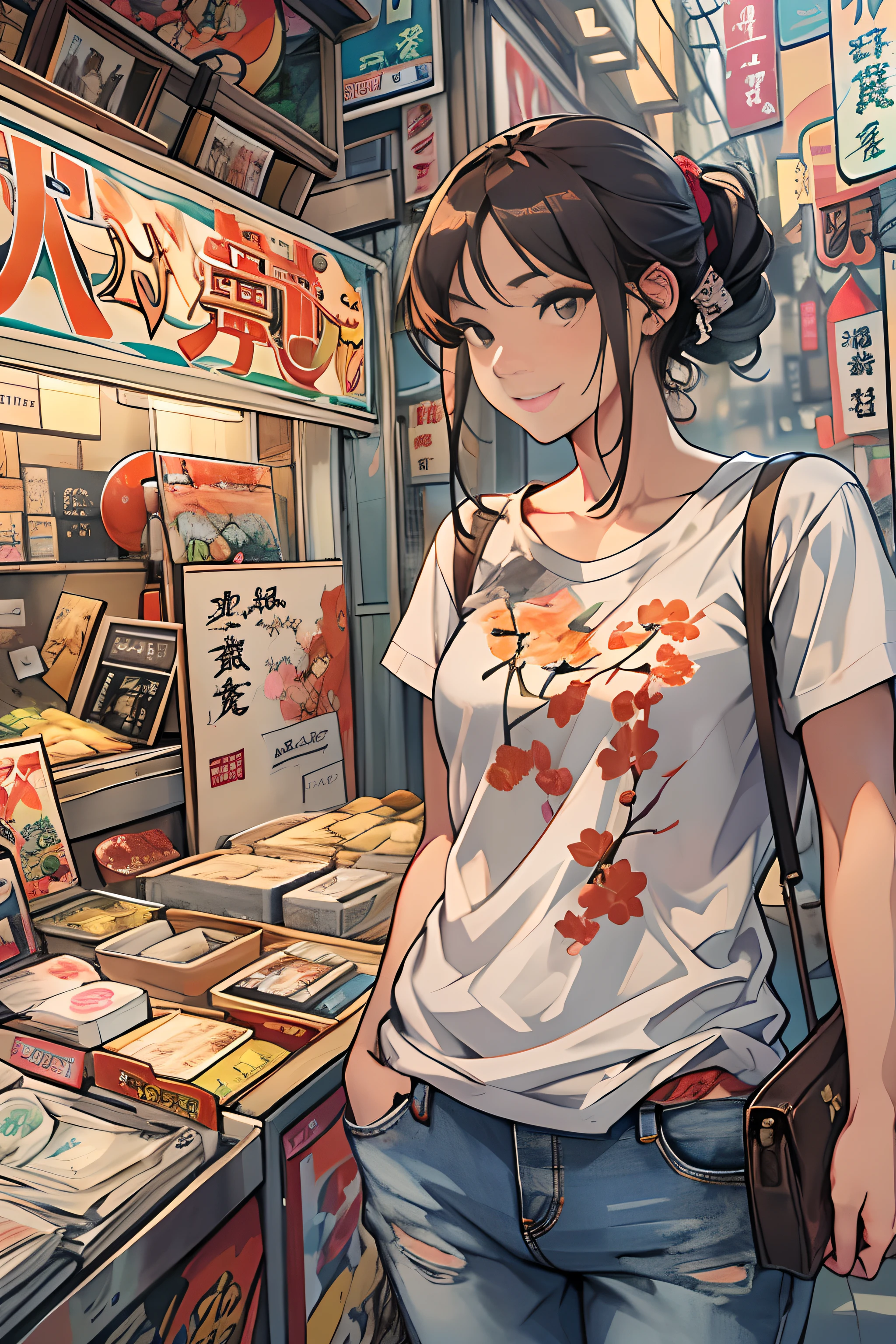 A young woman named Yang Feiyue standing on a busy street, Contemporary Rough T-Shirt and Jeans、Holding a movie flyer in your hand, Surrounded by Japan stalls of Showa nostalgia, There was anticipation and a slight smile on her face., ,In the style of the star art group Xing, 32K, Best Quality, masutepiece, Super Detail, high details