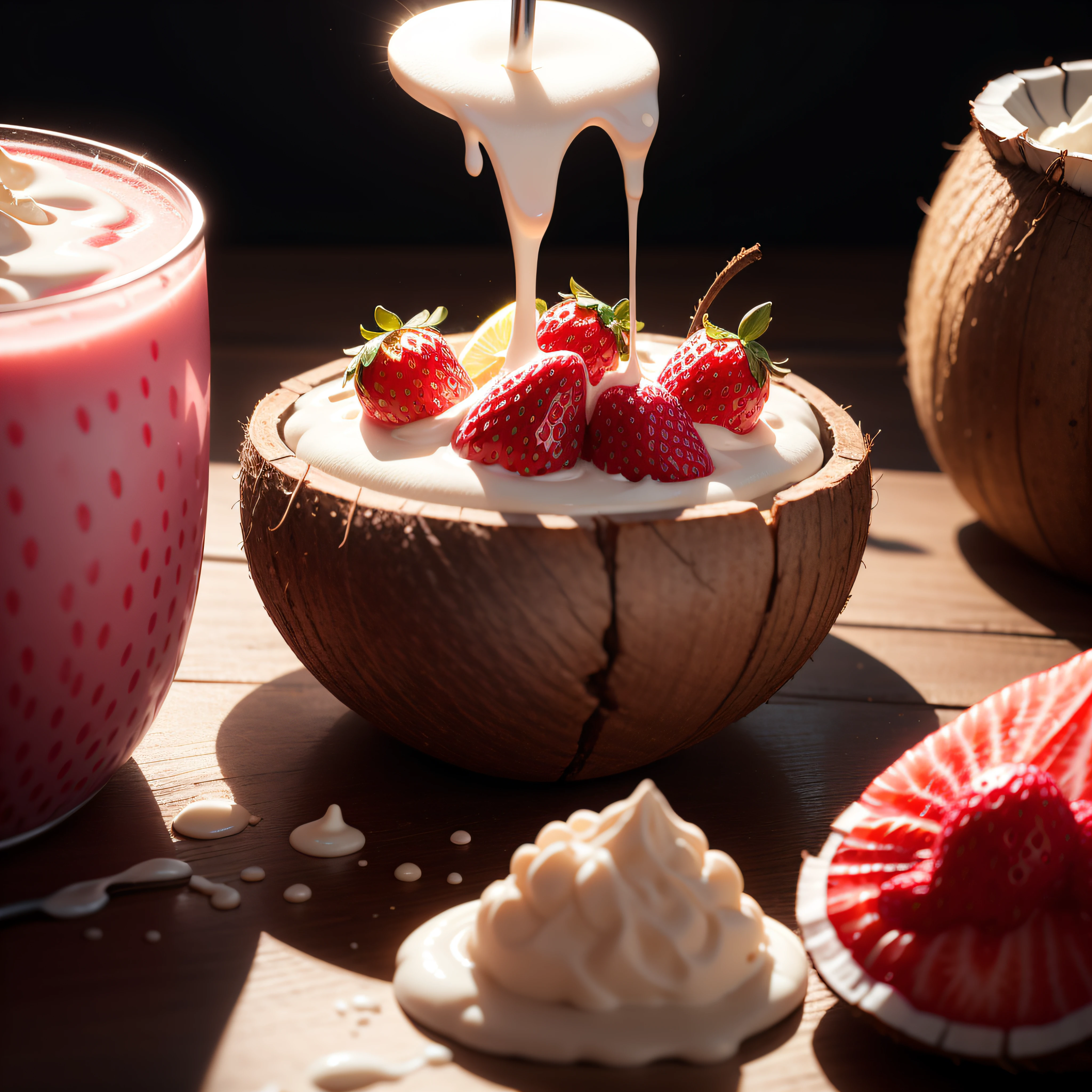 product photography of coconut strawberries sitting on pink small podium with milk pouring on the background, intricate, epic, highly detailed, vibrant, food photography, epic render, octane, accent lights, (backlit:1.3), (cinematic:1.3), intricate details, (ArtStation:1.3)