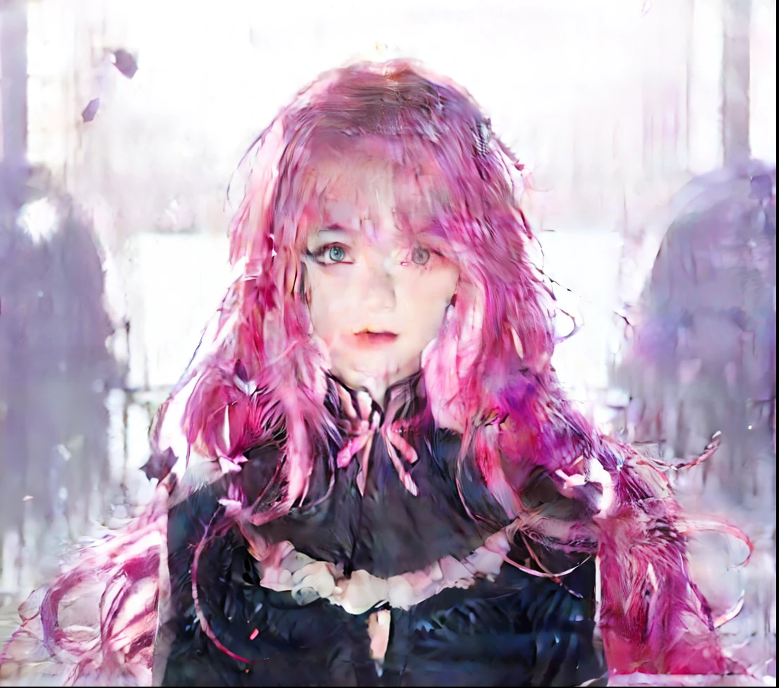 Realistic girl with pink hair and blue eyes in a black dress, a style like fate/stay night, portrait gapmoe yandere grimdark, Makinami Shiny, Koyoharu Gotoj, female anime character, With pink hair, Gothic virgin girl, gapmoe yandere, Hajime Yatati, Director Garmory., Mireille