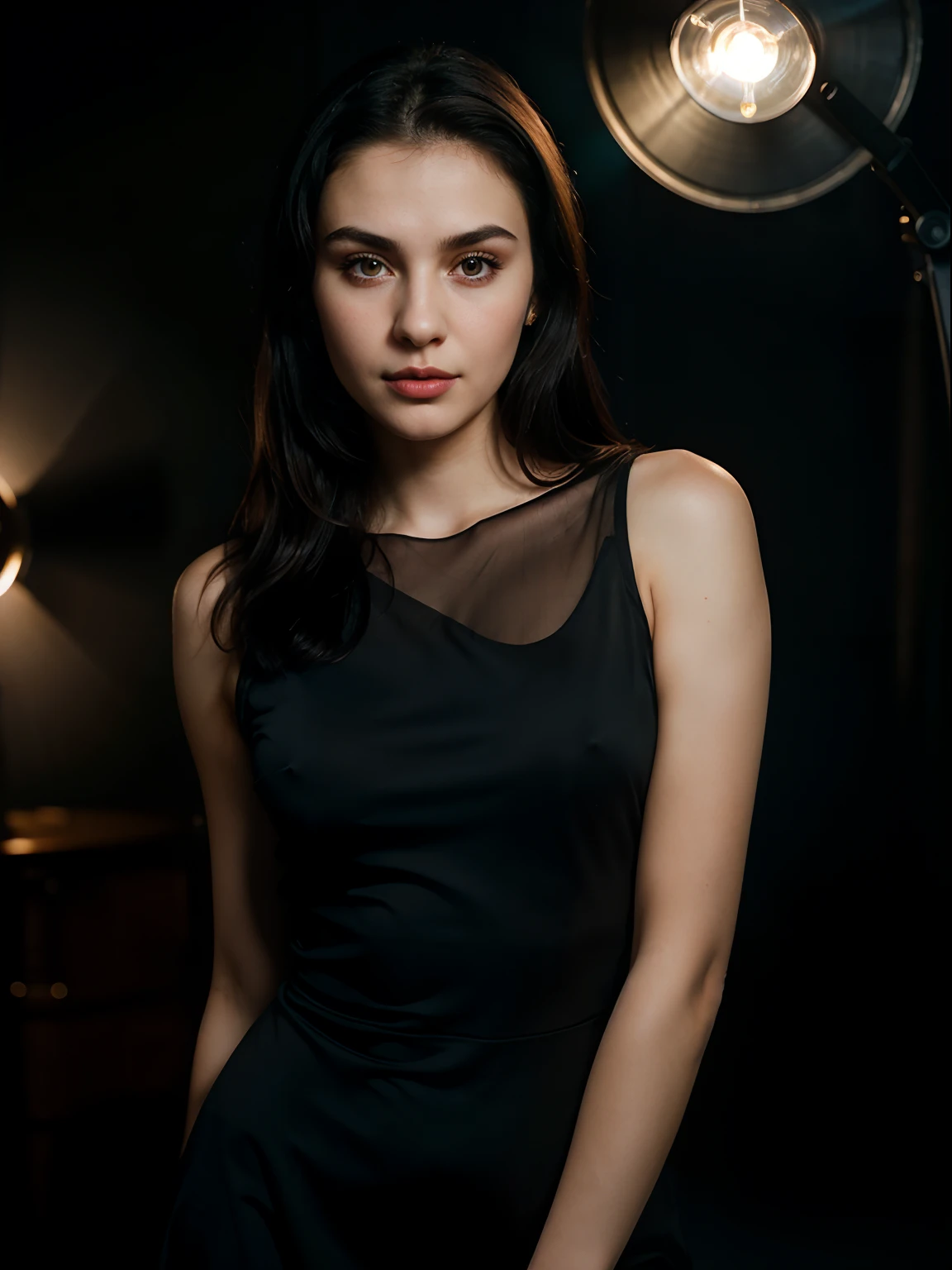 Portrait of 1 young 20yo woman, black hair, wearing sleeveless dress, perfect eyebrow, perfect lips, perfect nose, professional color graded, wonderful woman, dark background, cute russian woman, (rim lighting,:1.4) two tone lighting, sharp focus, unreal, dimly lit, low key