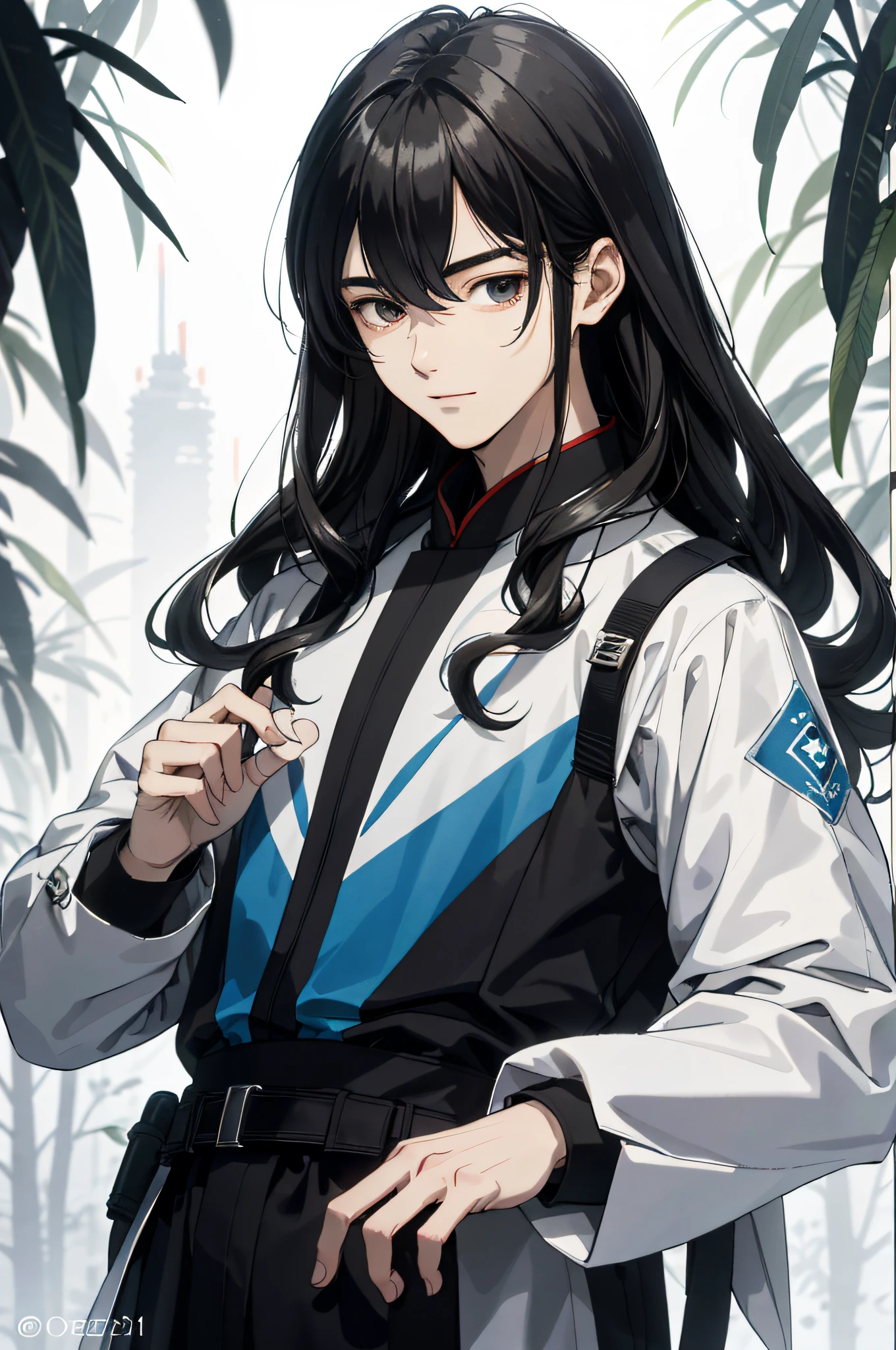Absurd, High definition, Super detailed, Texture details, clear presentation, HD details, detail performance, Fine details, Clear face, Fix accurately, ((cabelos preto e longos))、long whitr hair、18-year-old man, Handsome, Tall,Soft smile、Slightly muscular,(Clear eyeballs), (1 person: 1.3), handpainted, Simple lines, (An 18-year-old man wearing a white Chinese suit), foggy forest、The upper part of the body,(Exocet suit 1.2)